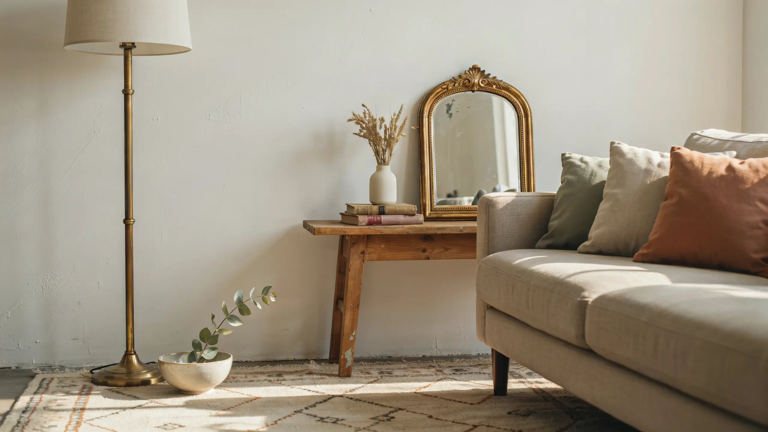Cozy sunlight living room corner showcasing a mix of thrifted vintage wooden side table, ornate gold frame mirror, and antique brass floor lamp paired with new modern cream sofa, terracotta, and sage green throw pillows. Styled without visible logos to demonstrate sustainable and personalized interior design.