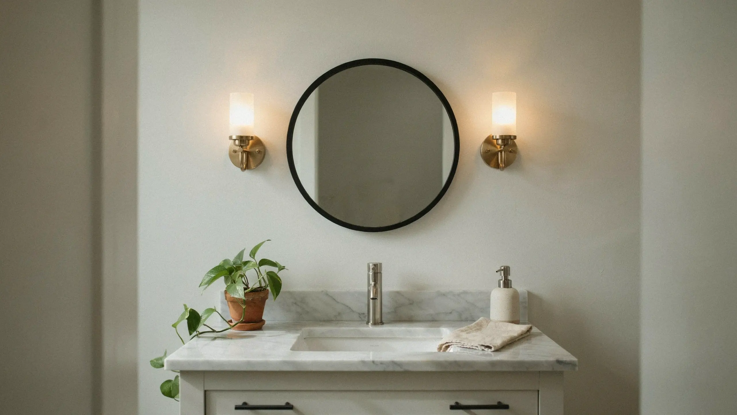 Modern bathroom vanity featuring a black round mirror, warm brass wall sconces, a chrome single-handle faucet, white marble countertop, and a potted pothos plant.