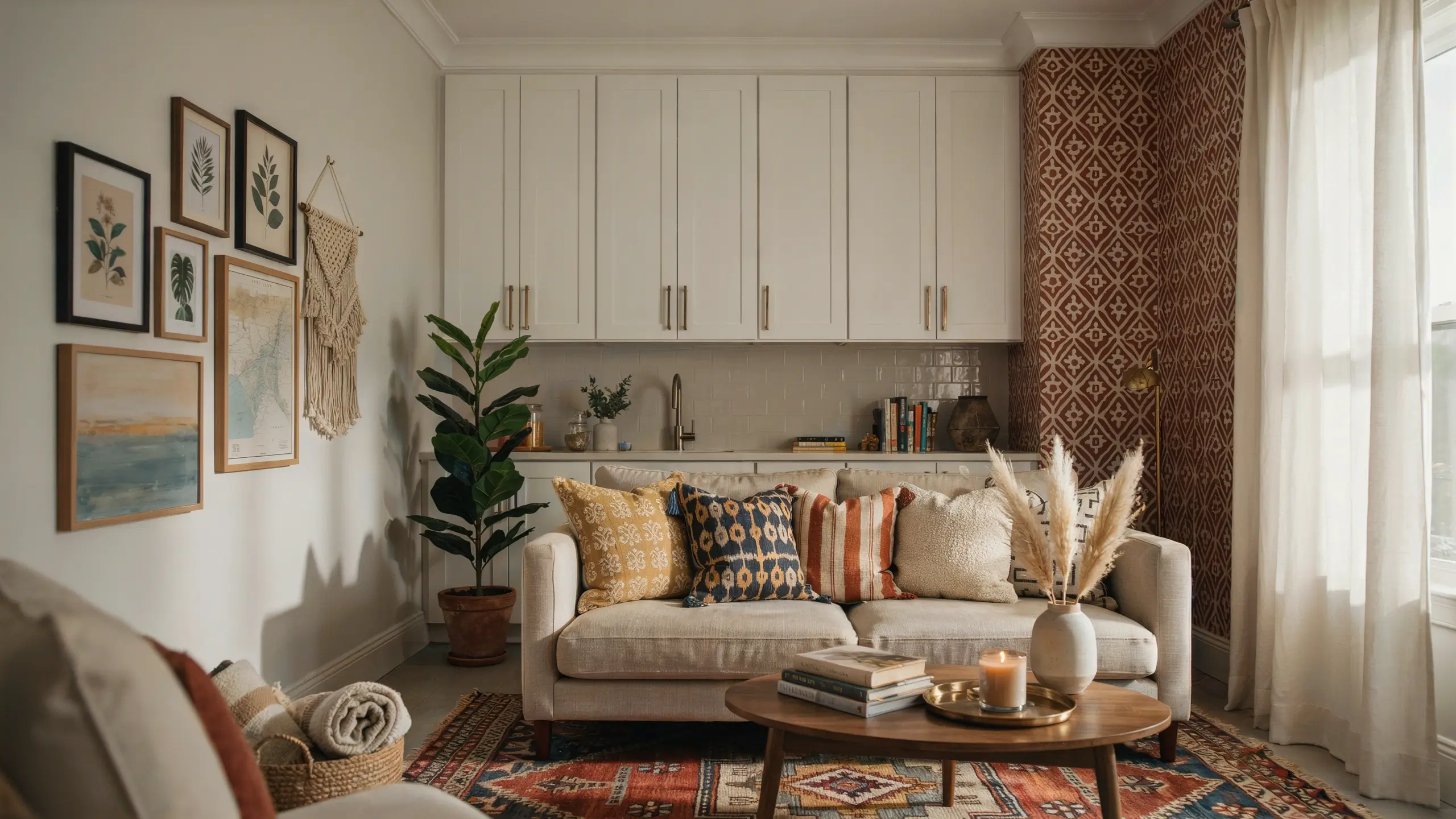 Modern boho living room with beige sofa, patterned pillows, and white cabinets, staged for resale appeal.