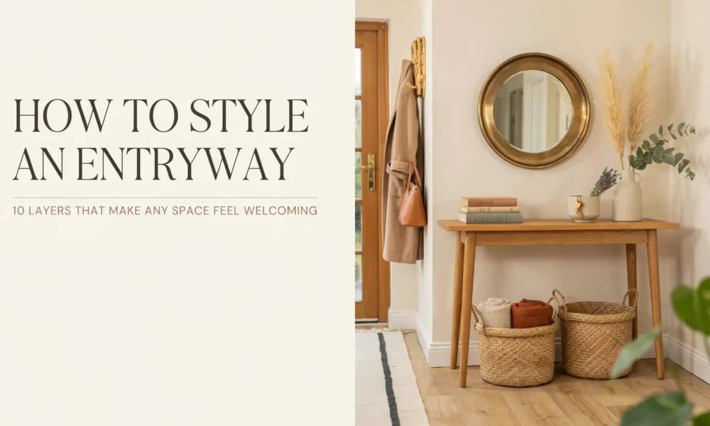 How to Style an Entryway" guide image showing a welcoming foyer with a light wood console table, round brass mirror, and woven storage baskets for a cozy, organized look.