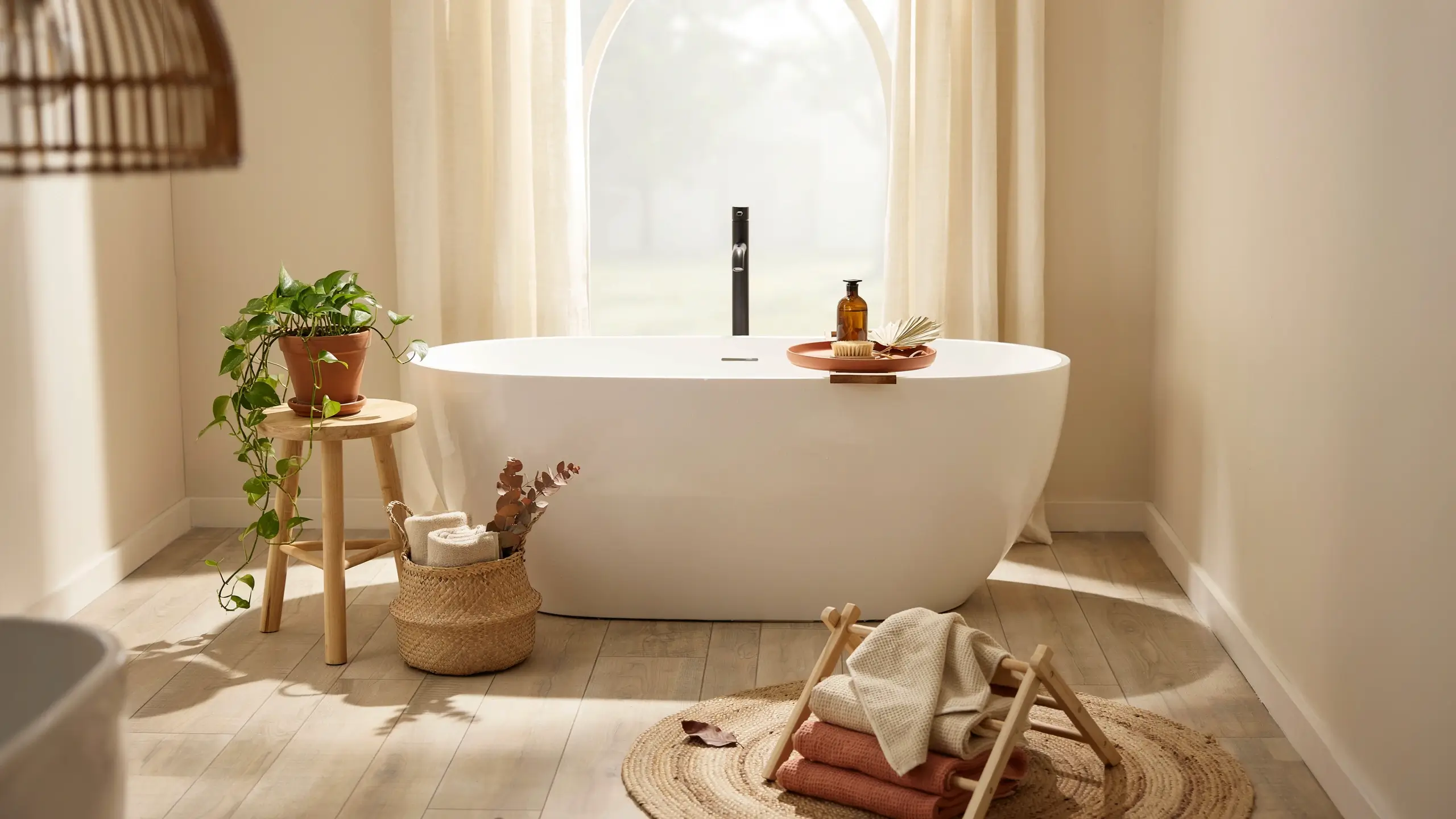 A white freestanding bathtub styled with layered textiles, a green plant, and natural light in a modern spa-like bathroom.
