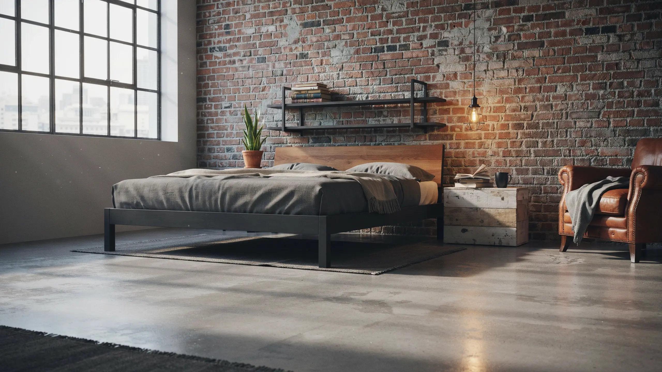 Modern industrial loft bedroom featuring a rustic exposed brick wall, a minimalist metal frame bed with a wood headboard and grey bedding, and a brown leather armchair next to a wooden crate nightstand, lit by a hanging Edison bulb.