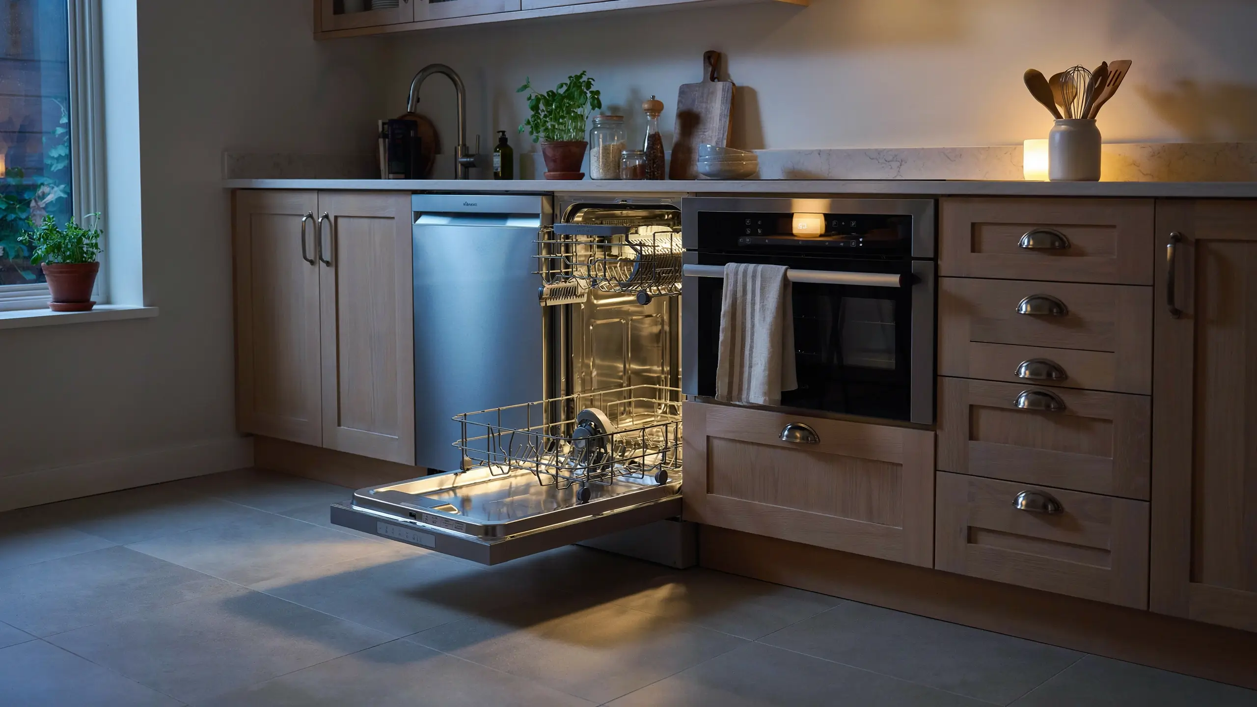 Modern wooden kitchen interior featuring an open stainless steel dishwasher door left slightly ajar to naturally air dry dishes after a cleaning cycle.