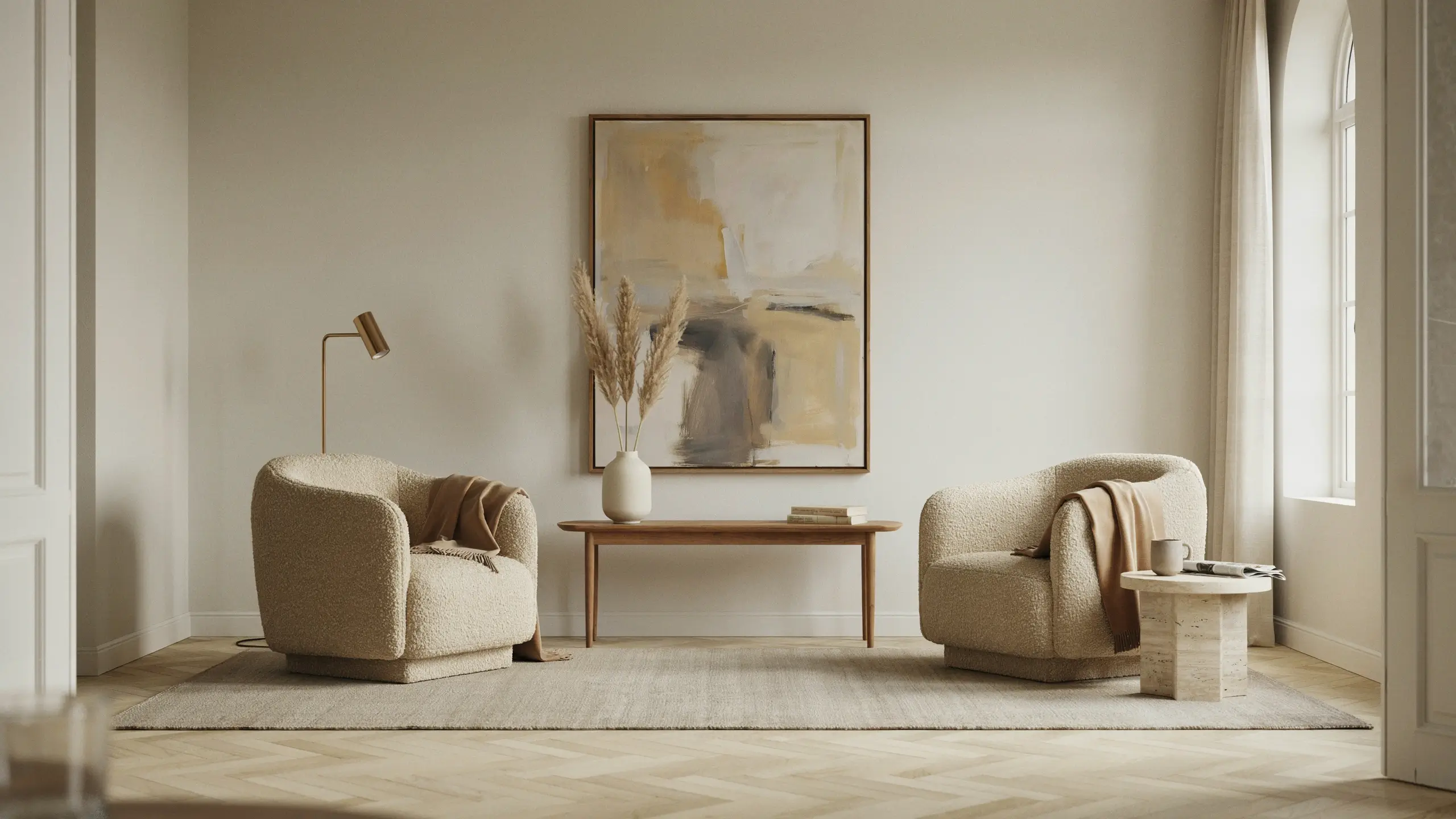 Spacious, modern living room designed with a massive floor-to-ceiling stone fireplace acting as the room's single real focal point, surrounded by neutral beige sofas and bright natural light.