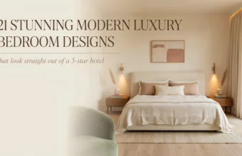 21 stunning modern luxury bedroom designs featuring warm neutral tones, an upholstered headboard, sconce lighting, and 5-star hotel aesthetic.