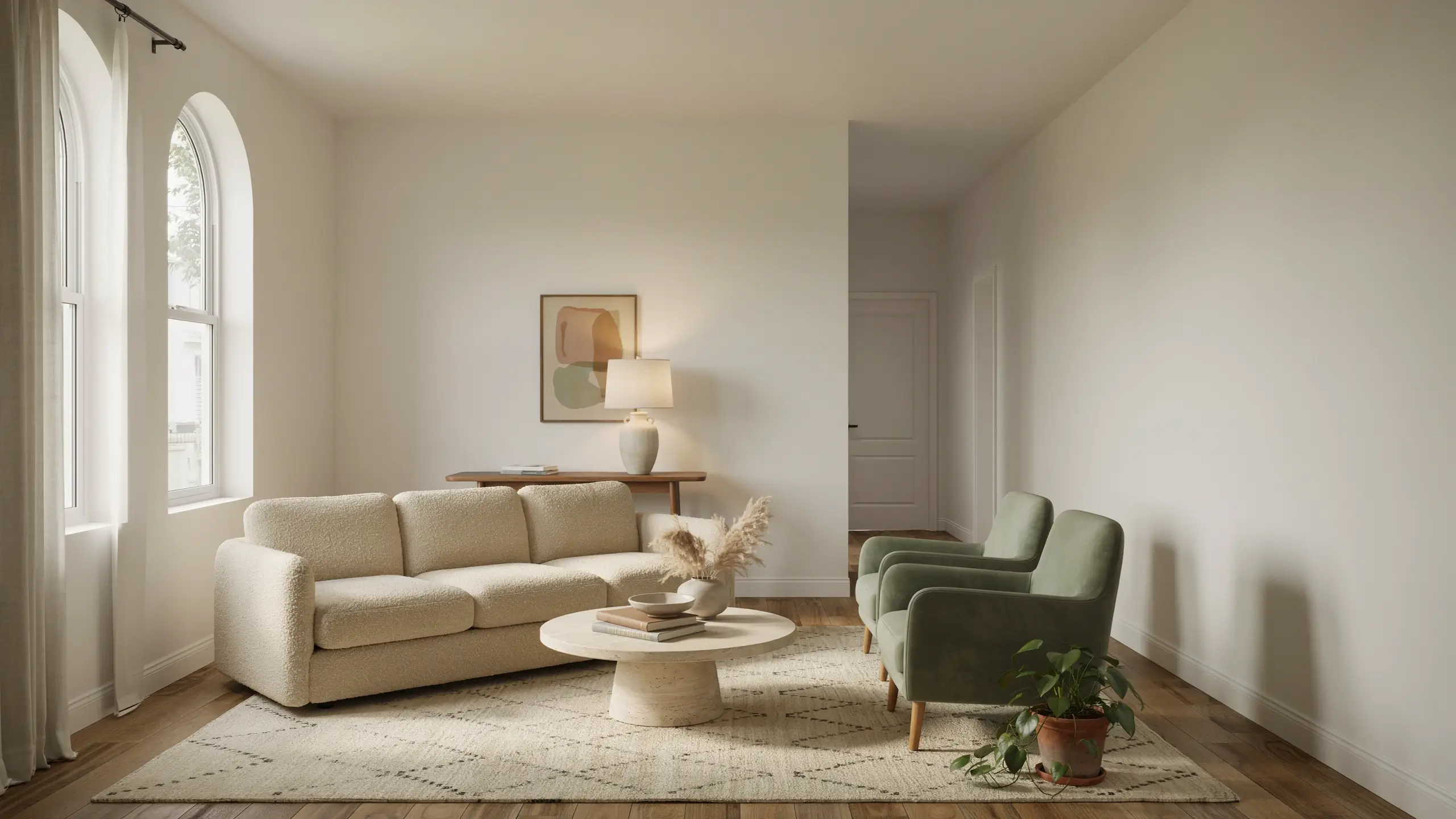 Modern minimalist living room design featuring a cream boucle sofa and sage green accent chairs placed against white walls, illuminated by natural light from arched windows. 