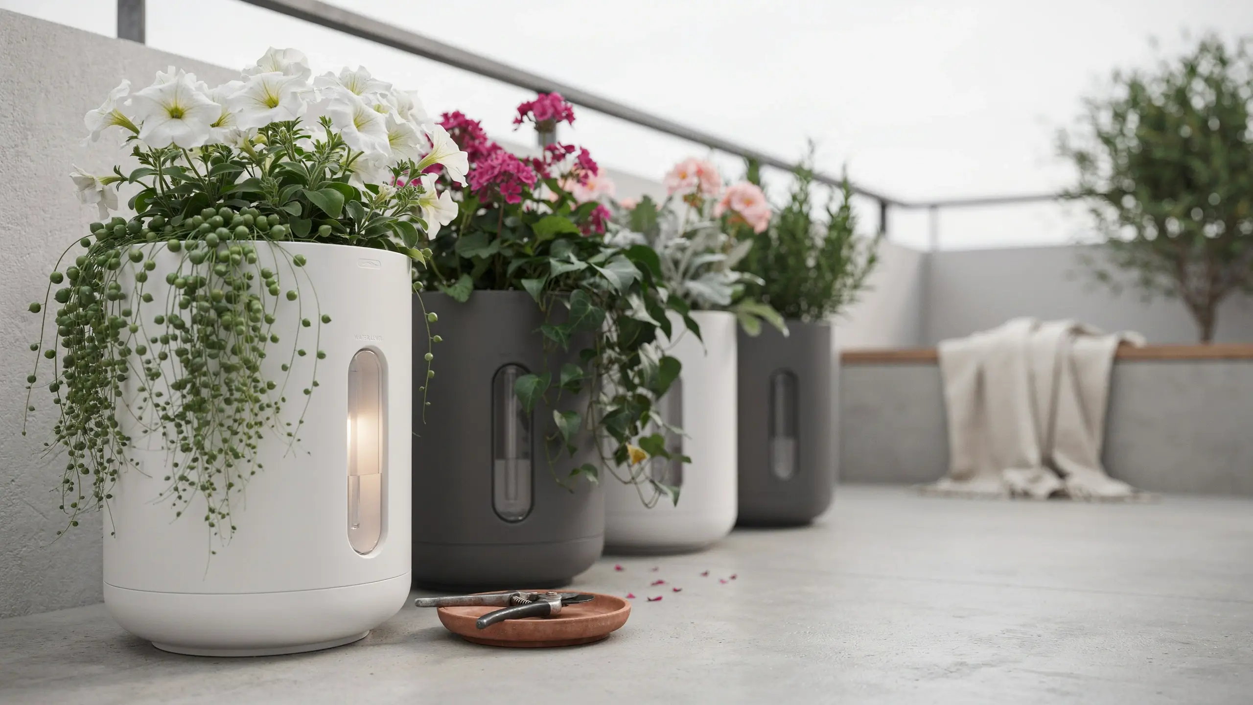 Modern white and grey self-watering planters filled with blooming white petunias, trailing succulents, and pink flowers, resting on a concrete balcony with pruning shears on a wooden tray.