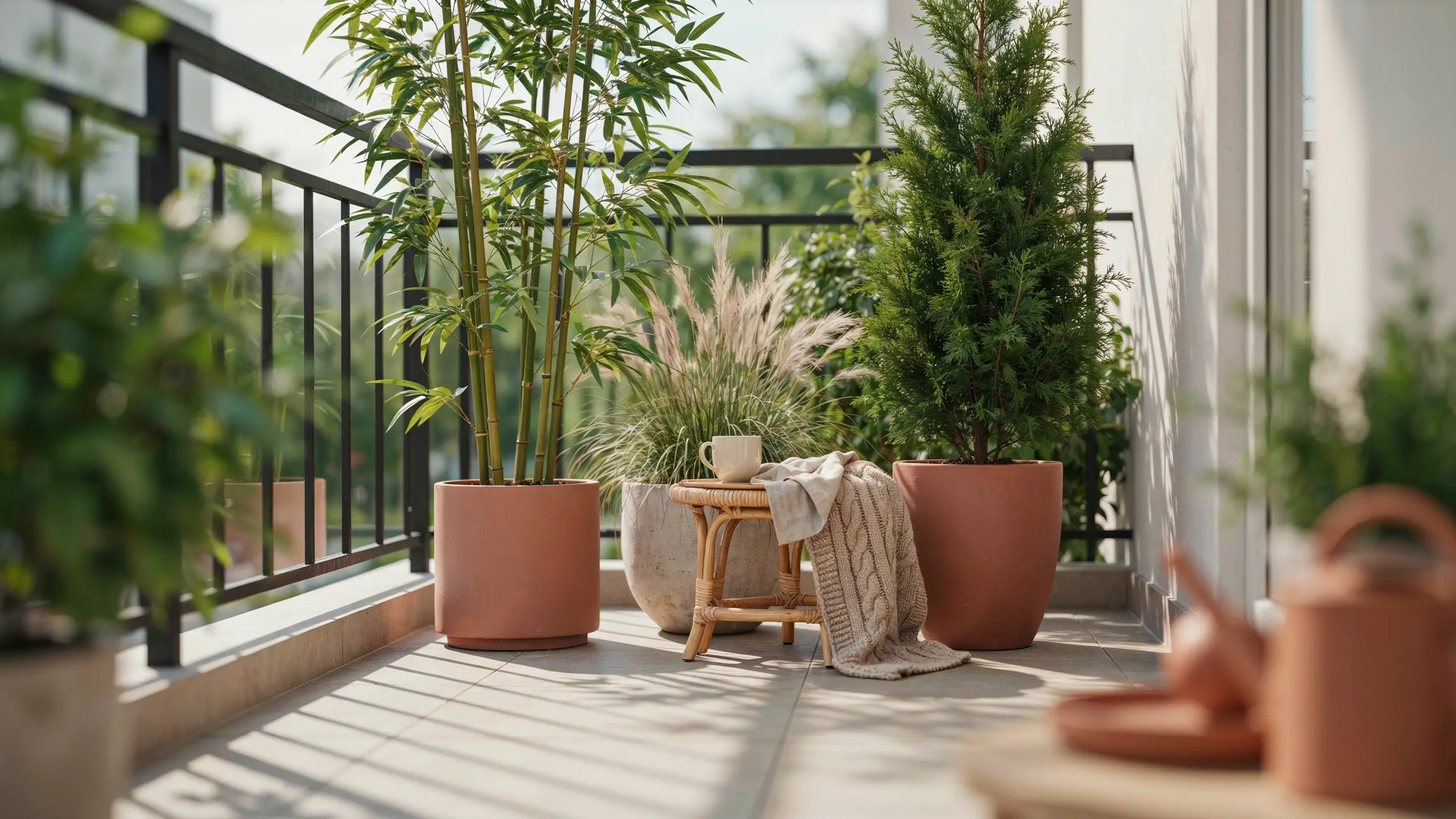 A sunlit modern balcony with tall matte terracotta planters holding bamboo and a dense conifer tree, arranged as a natural living privacy screen, featuring a rattan stool, a white coffee mug, and a beige cable-knit throw blanket.