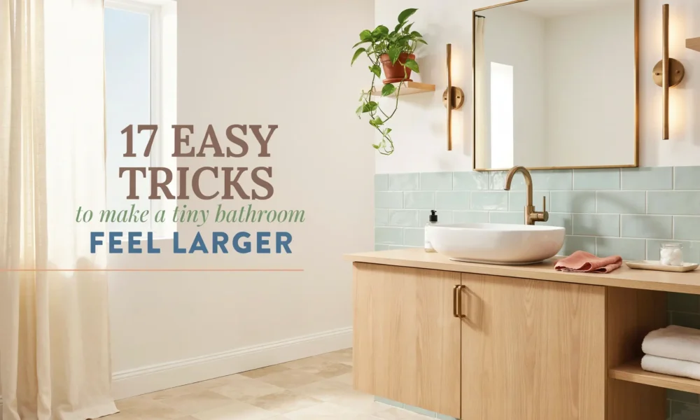 Modern tiny bathroom with light wood vanity, white vessel sink, brass faucet, and sage green subway tile backsplash featuring overlay text about making small spaces feel larger.