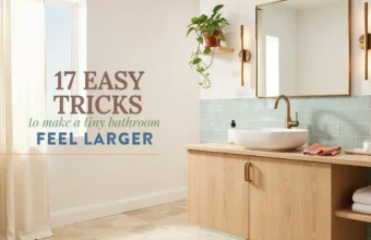Modern tiny bathroom with light wood vanity, white vessel sink, brass faucet, and sage green subway tile backsplash featuring overlay text about making small spaces feel larger.