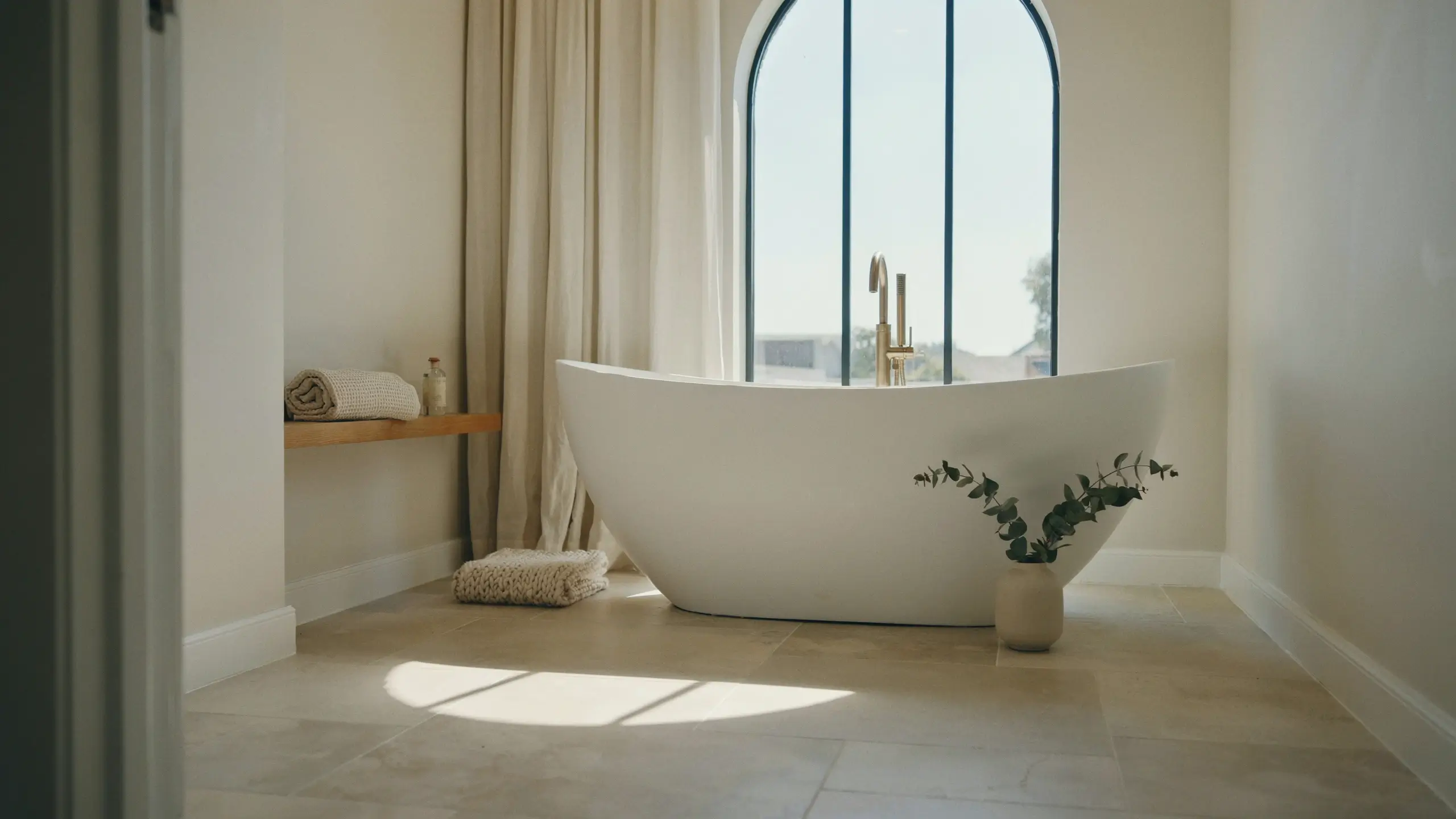A minimalist white freestanding bathtub with a brass floor-mounted faucet sits centered in a sunlit bathroom, framed by a large black-arched window, beige curtains, and a fresh eucalyptus plant.