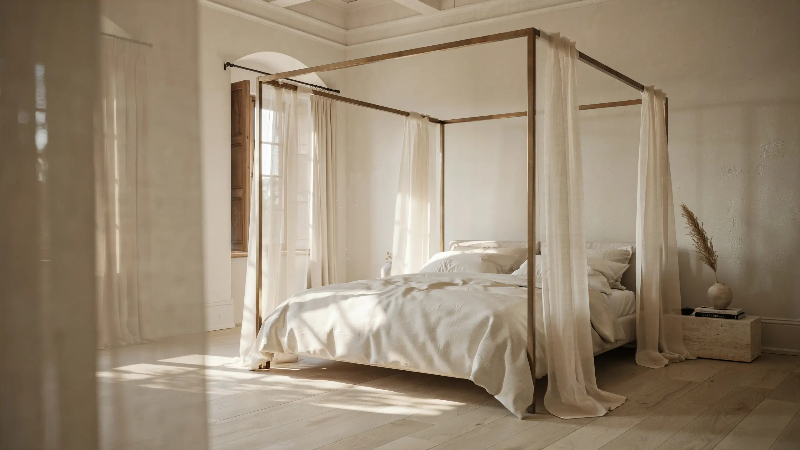 A modern wooden four-poster canopy bed featuring flowing sheer white drapes and plush linens, situated in a sun-drenched minimalist bedroom with light wood flooring and neutral earth-tone decor.