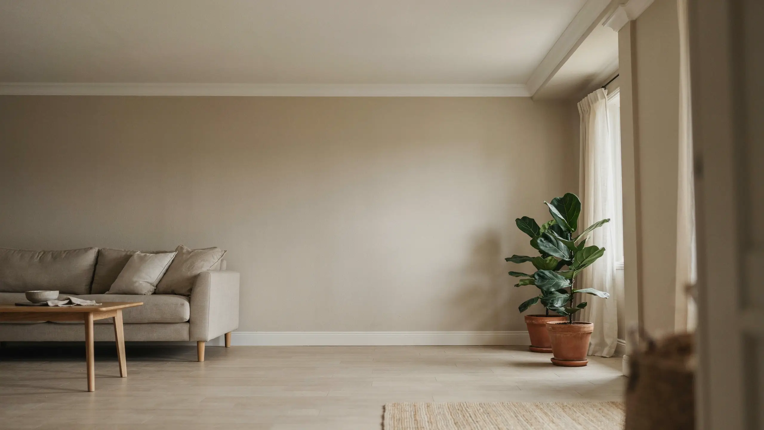 Serene minimalist living room featuring a beige sofa and fiddle-leaf fig plants, illustrating the interior design concept of painting the walls, ceiling, and trim the same warm neutral color to create a cohesive, spacious aesthetic.