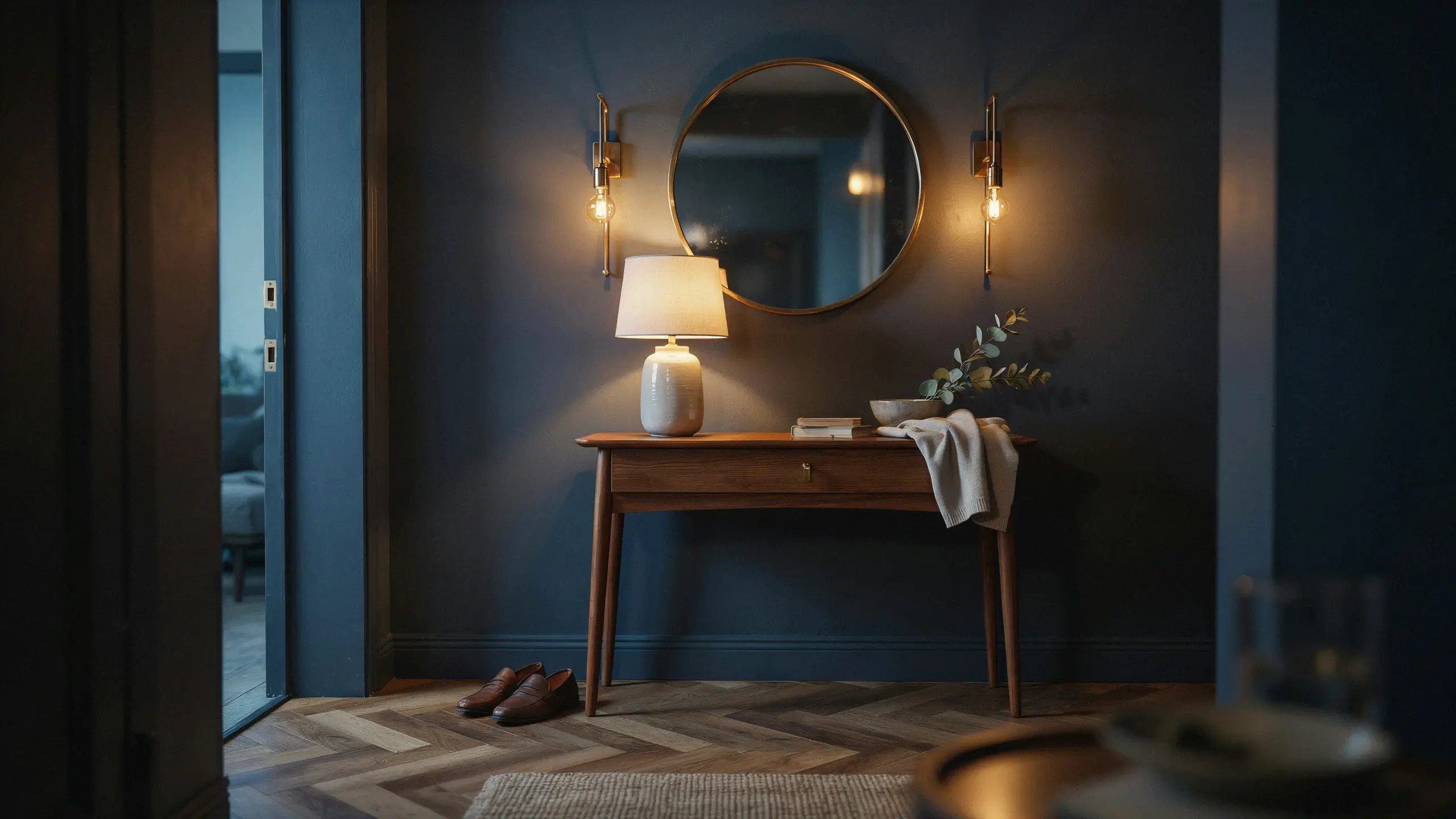 A moody dark blue entryway designed with intentional lighting, featuring warm brass wall sconces and a ceramic table lamp that illuminate a mid-century wood console table, herringbone parquet floor, brown leather loafers, and a minimalist vase with greenery.
