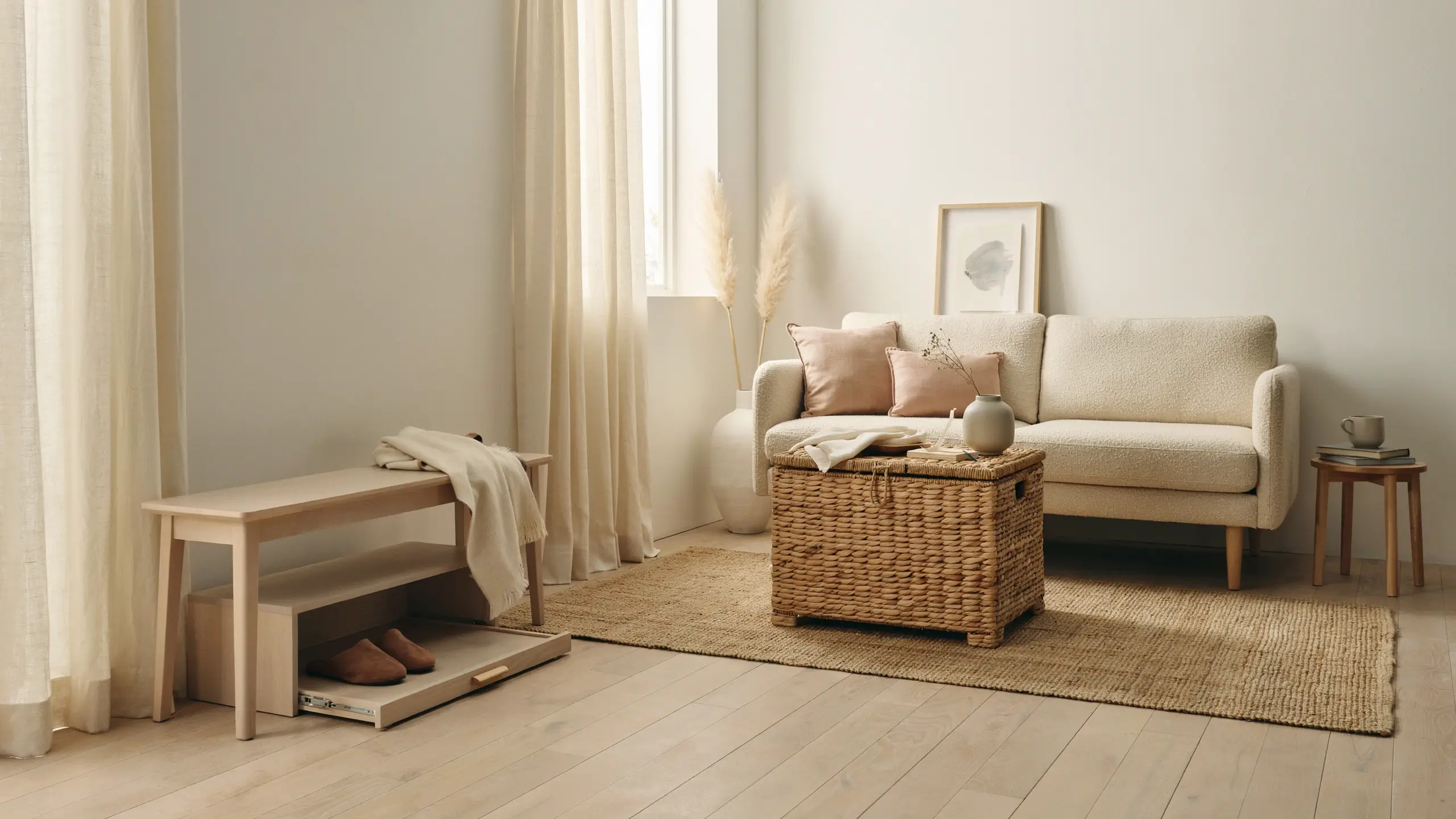 Minimalist living room featuring a light oak wooden bench with a pull-out drawer holding slippers, and a woven wicker trunk used as a multi-functional coffee table.