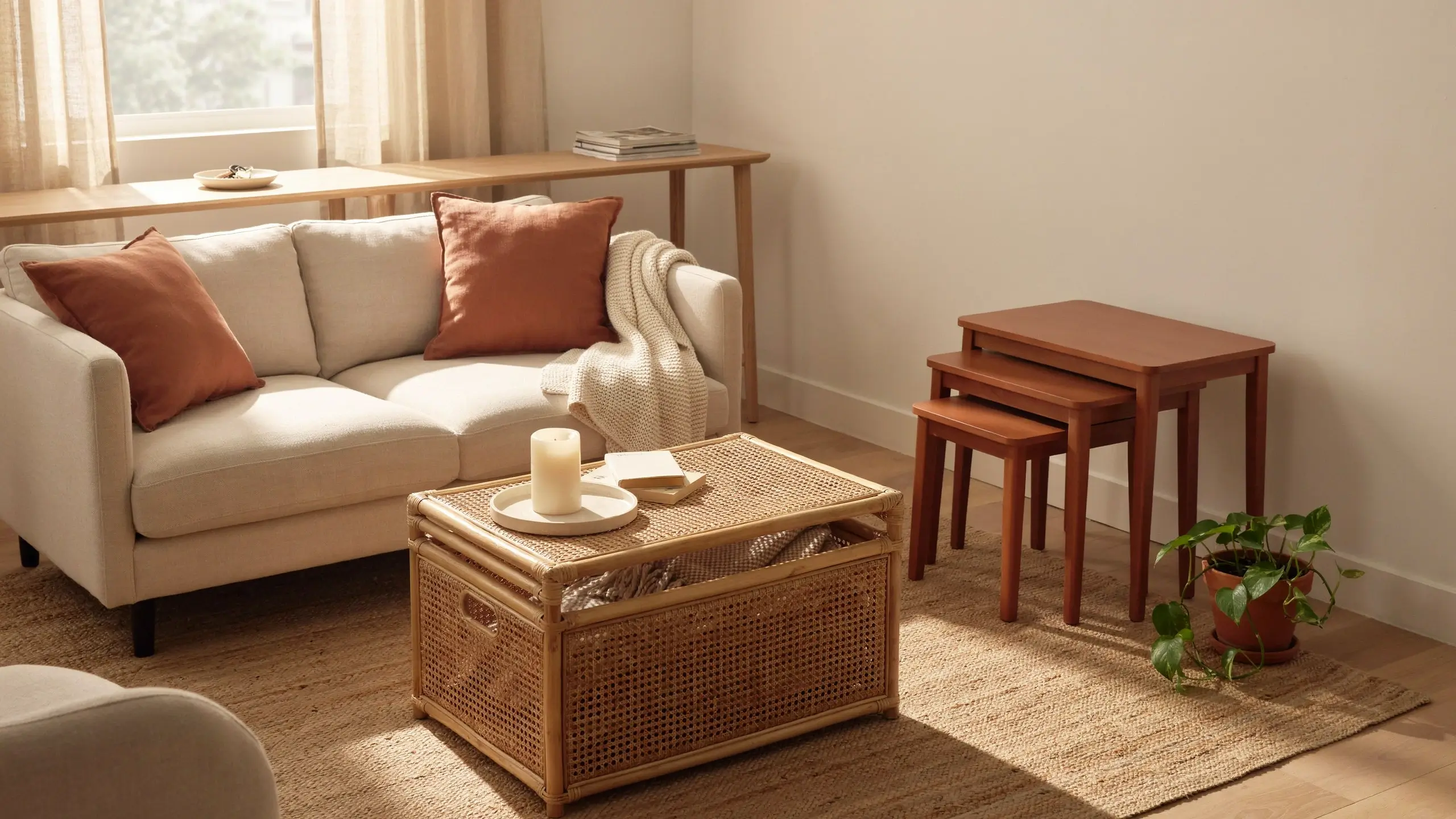 A bright, cozy living room featuring a beige sofa with rust throw pillows, showcasing a multitasking rattan coffee table that acts as a storage trunk for blankets, accompanied by space-saving nested wooden side tables and a potted pothos plant.