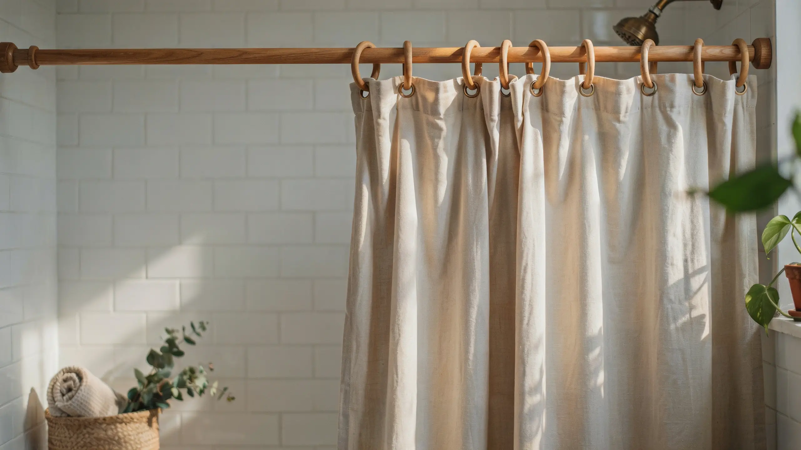 A serene white subway tile bathroom featuring a beige linen shower curtain hung from a smooth natural wood curtain rod and matching round wooden shower curtain rings.