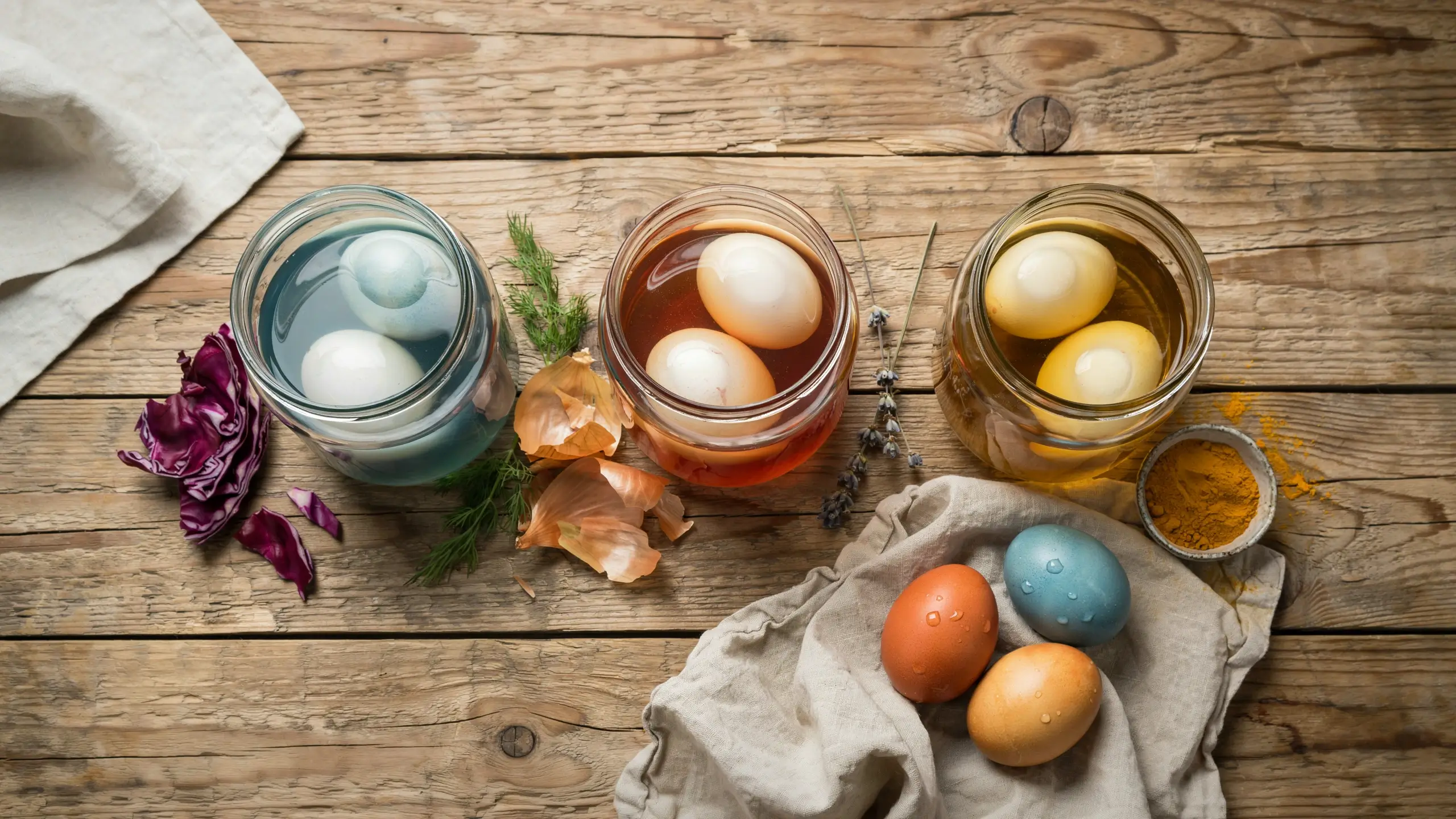 Flat lay of a DIY project showing naturally dyed eggs in glass jars. The blue dye is made from red cabbage, the copper-brown dye from onion skins, and the yellow dye from turmeric powder, all resting on a rustic wooden table.