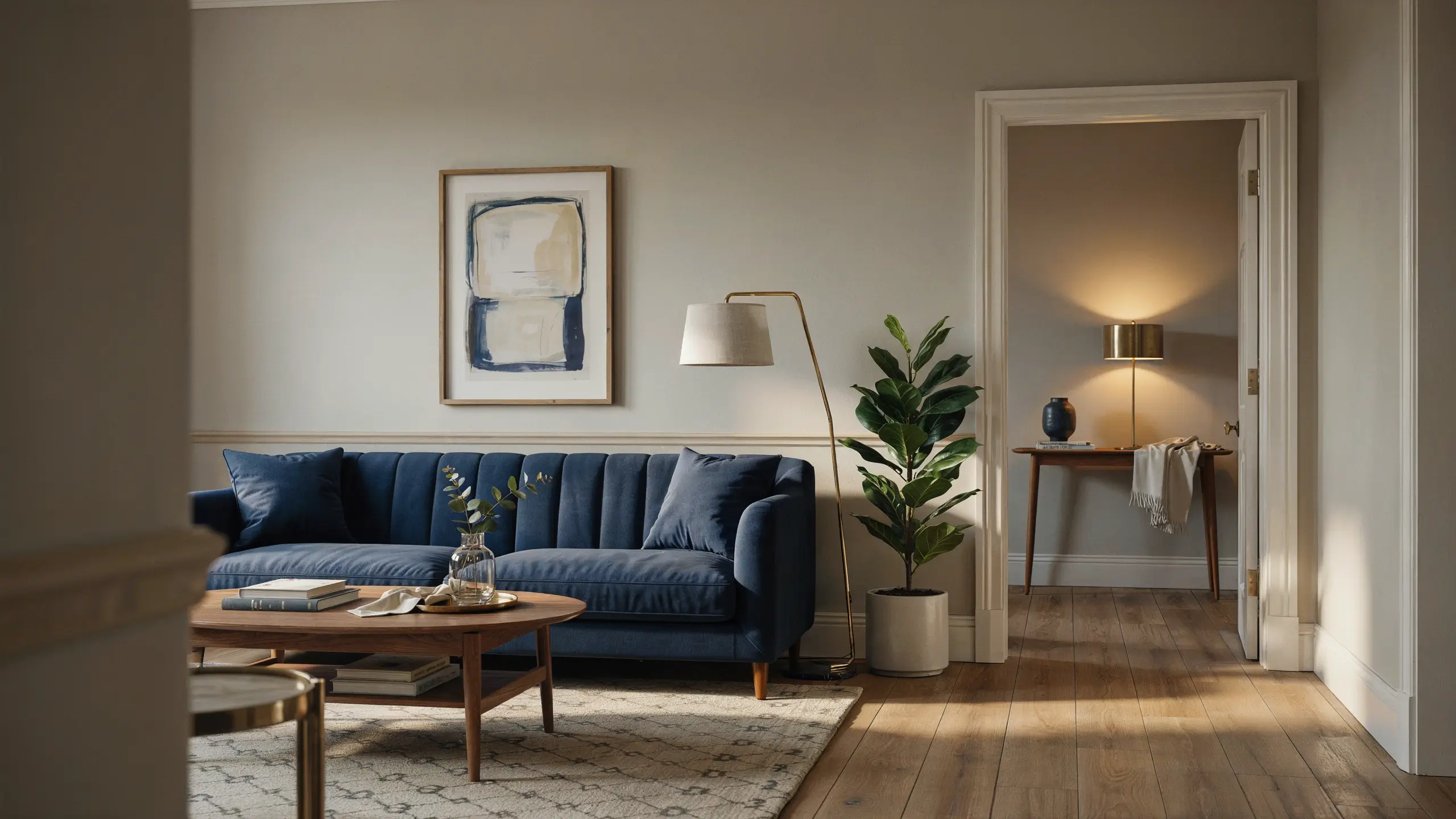 A cozy living room with a navy blue velvet sofa and brass floor lamp, featuring a framed abstract art piece, leading into a matching entryway with a blue ceramic vase and warm table lighting, illustrating a cohesive interior color story repeated throughout connected rooms.
