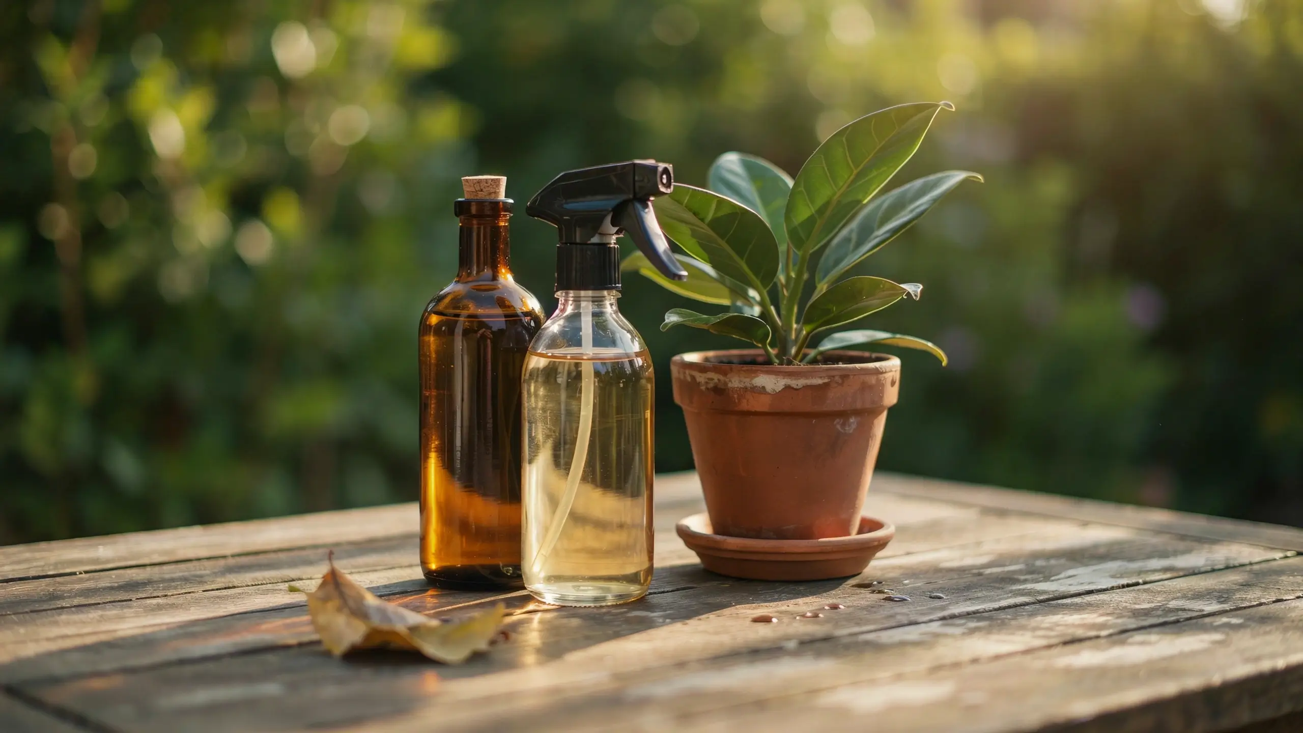 Amber glass bottle of neem oil and a clear spray bottle with diluted organic pest control solution, placed next to a small potted plant resting on an outdoor wooden table.