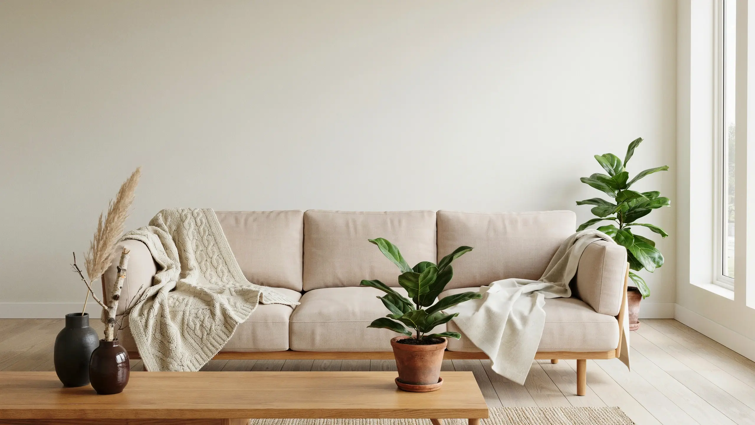 Neutral beige sofa living room with wooden coffee table, fiddle leaf figs, and pampas grass decor.