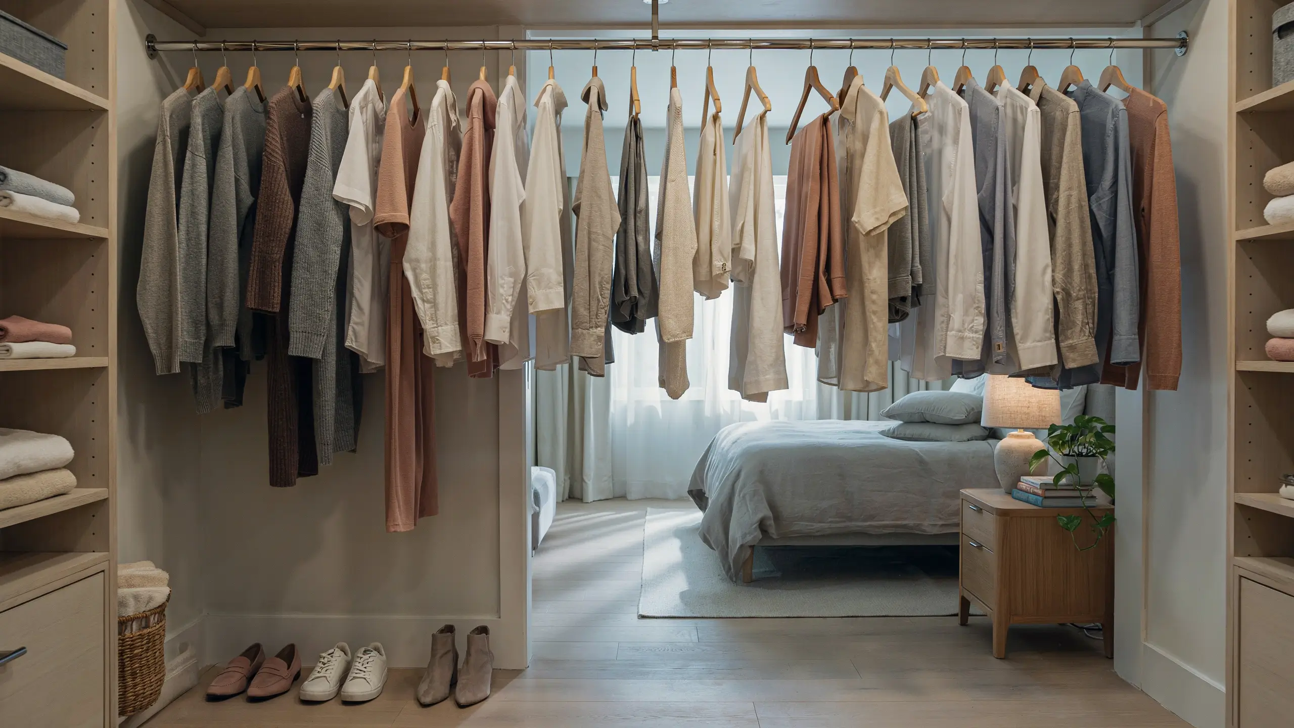A minimalist walk-in closet featuring neutral-toned clothing neatly hung on wooden hangers, naturally opening into a serene bedroom with a grey linen bed, a wooden bedside table, a lamp, and a potted plant bathed in soft natural light.