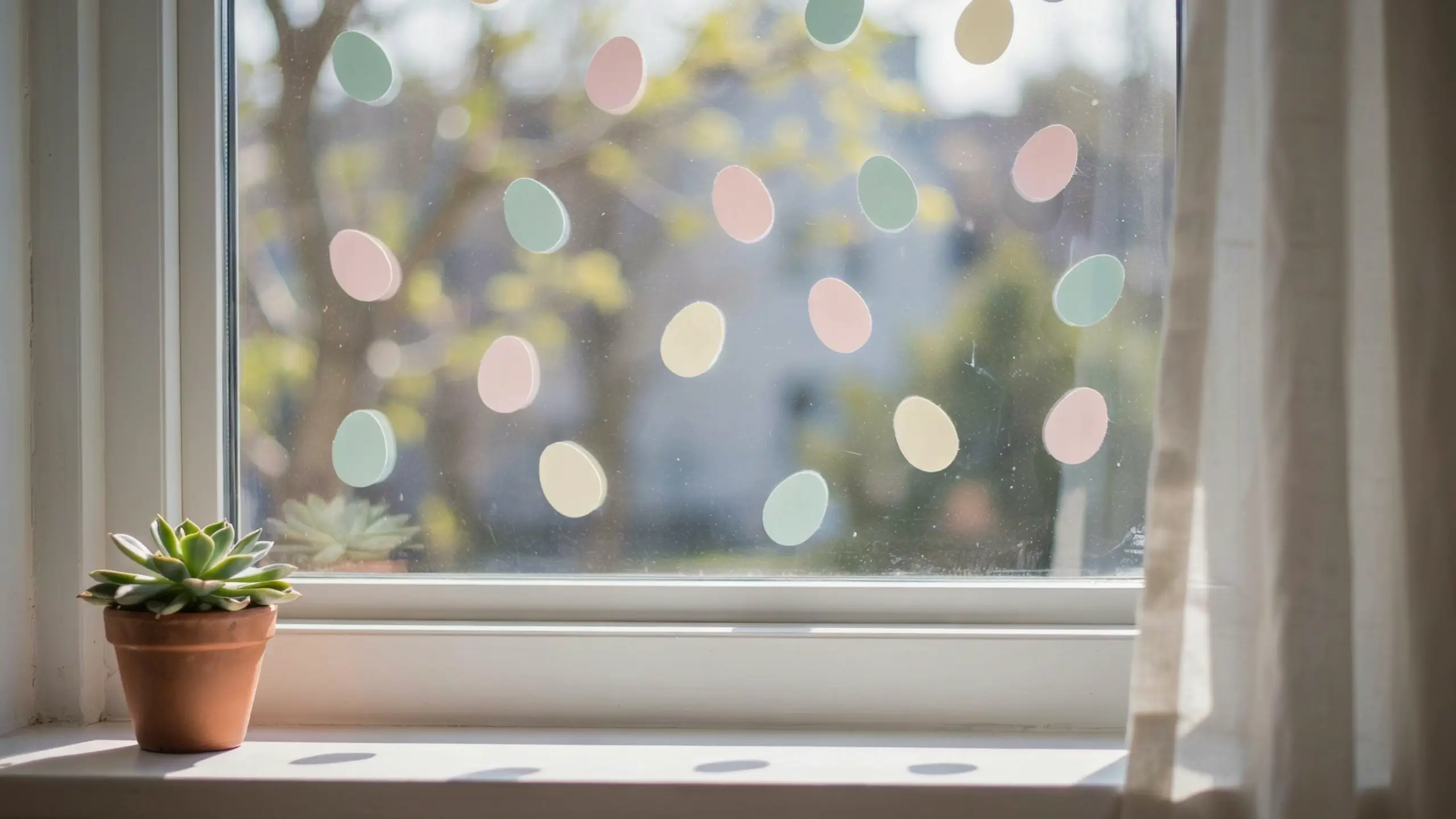 A white windowsill featuring a small potted succulent next to a window decorated with pastel pink, green, and yellow egg-shaped no-drill cling decals against a blurred spring outdoor background.