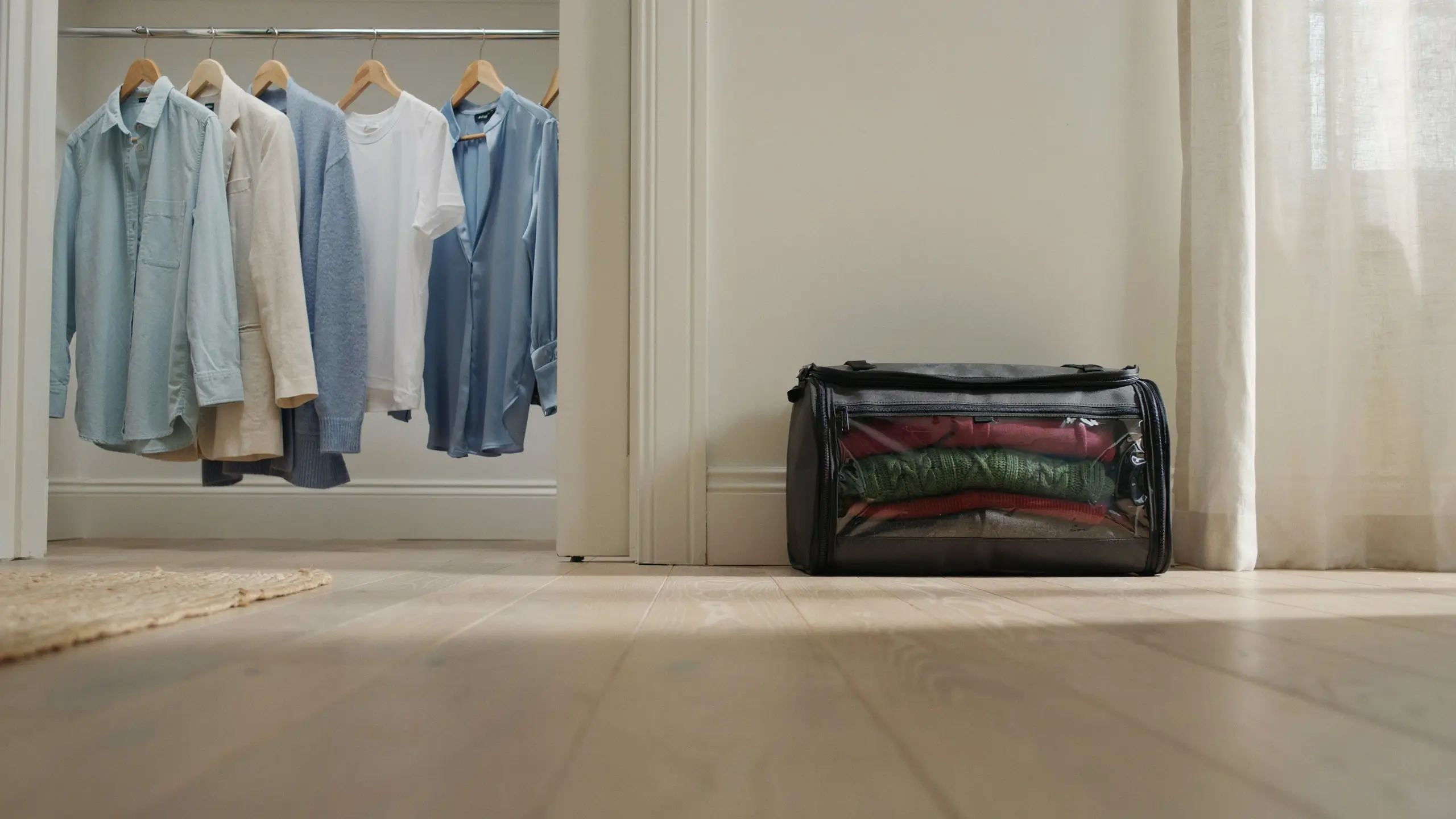 Black transparent-front storage bag holding folded off-season sweaters sitting on a light wood floor next to a tidy minimalist closet.