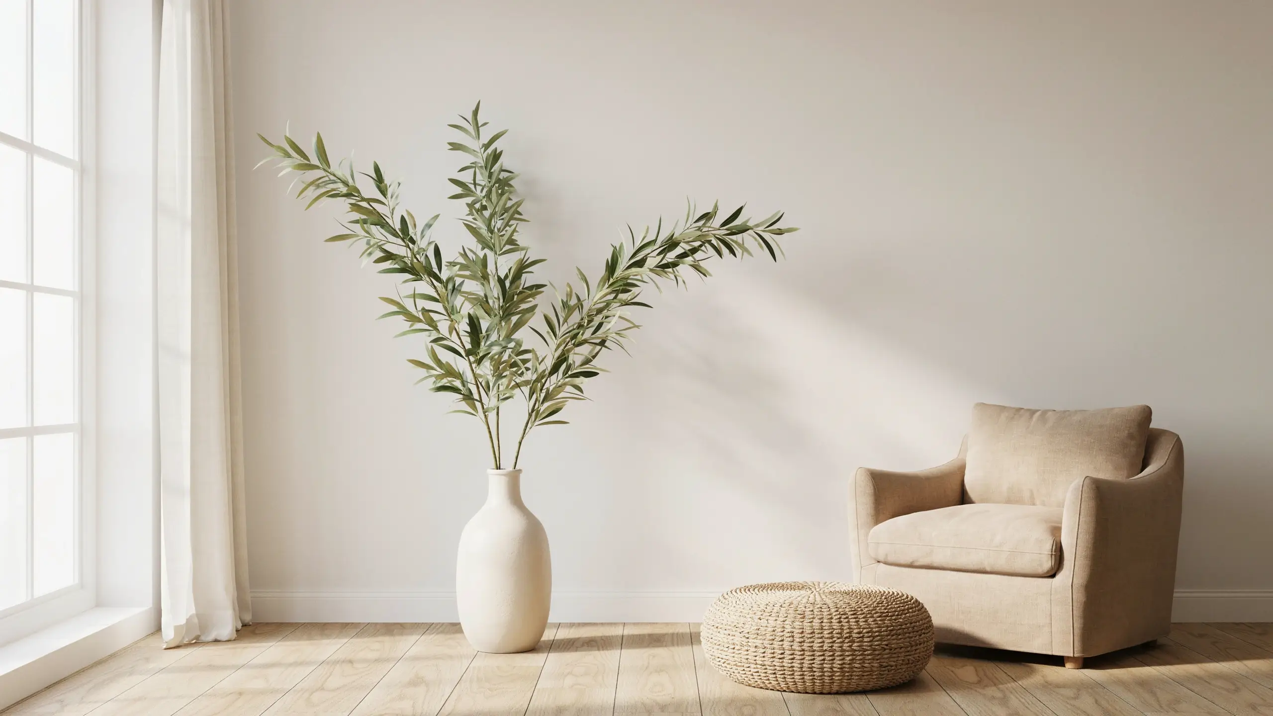 Beige armchair and white ceramic vase with tall olive branches in a minimalist living room corner, illuminated by sunlight from a large window.