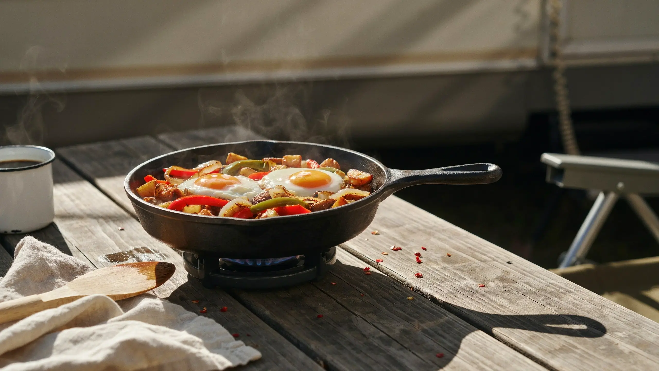 One-skillet potato and egg hash with roasted peppers and onions cooking in a steaming cast iron pan on a campsite stove, accompanied by a white mug and wooden spatula on a rustic outdoor table.