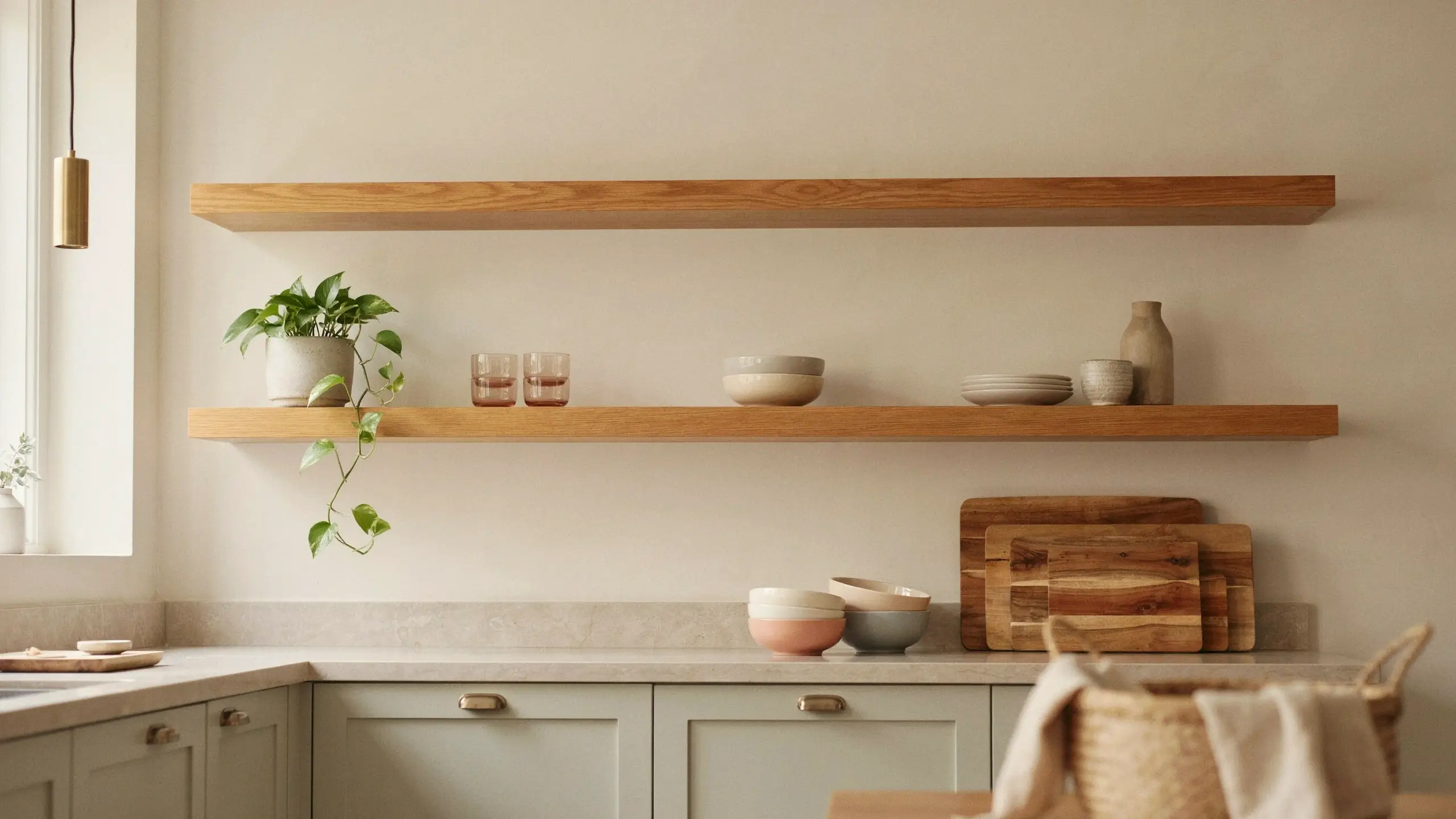 Stylish kitchen featuring warm wooden open floating shelves displaying a trailing pothos plant, ceramic pottery, and amber glassware, positioned above sage green lower cabinets and a stone countertop.