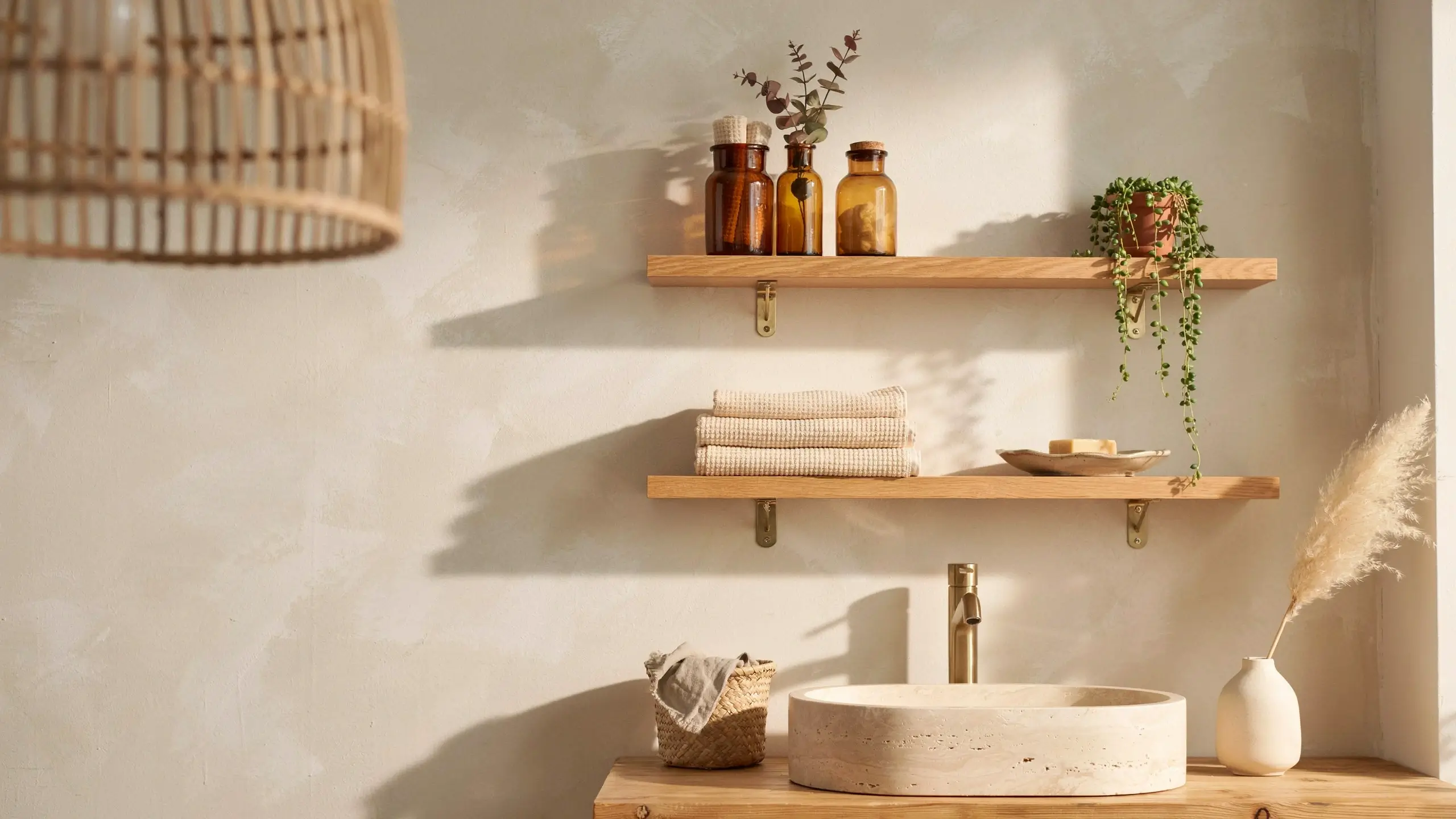 Organic modern bathroom featuring open natural wood shelving with amber glass bottles, stacked textured towels, a trailing pothos plant, and a round stone vessel sink with a brass high-arc faucet, replacing a traditional medicine cabinet.