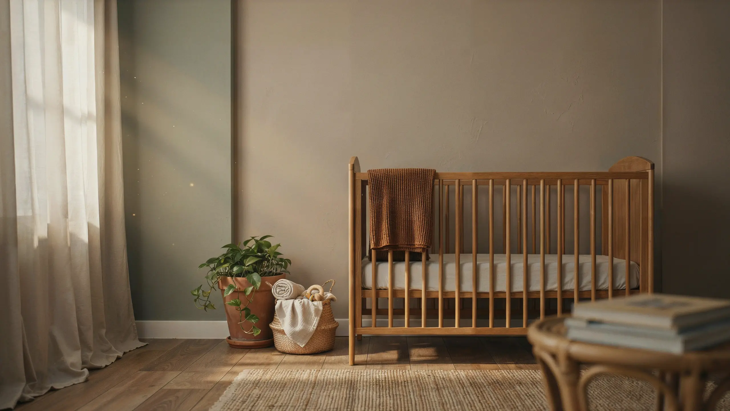 A serene, sunlit nursery featuring a natural wood baby crib draped with a rust-colored terracotta knitted blanket, situated against an olive-green accent wall, alongside a potted pothos plant, a woven wicker storage basket, and soft sheer curtains filtering natural daylight.