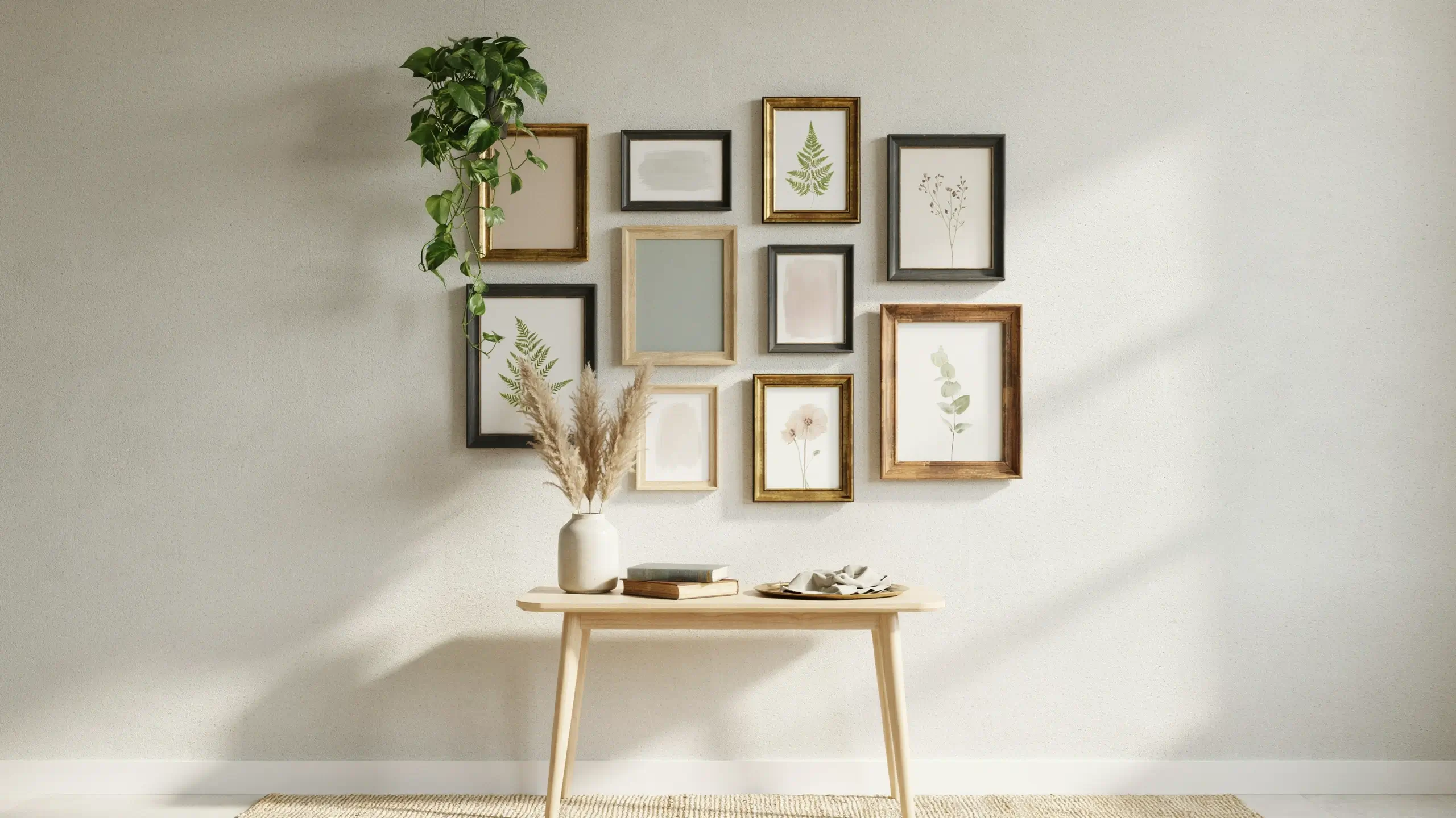 A thoughtfully curated modern gallery wall featuring botanical art prints in varied black, gold, and natural wood frames, styled with a cascading green plant and a minimalist white vase filled with dried pampas grass on a light wood console table.