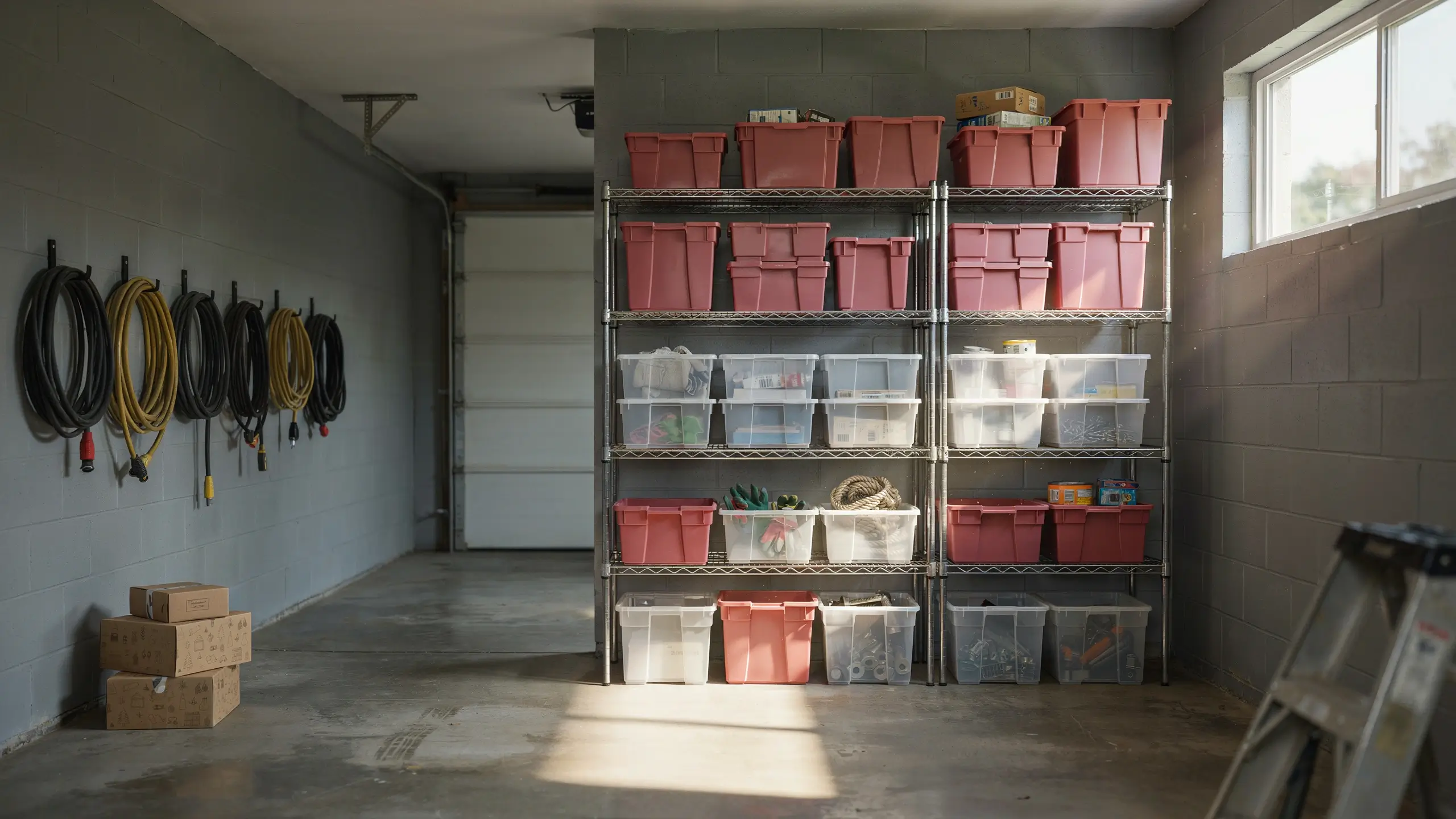 Organized garage storage solution with multi-tier wire shelving units, pink and clear plastic bins, coiled garden hoses on wall hooks, and a step ladder, showing efficient space utilization on a concrete floor.