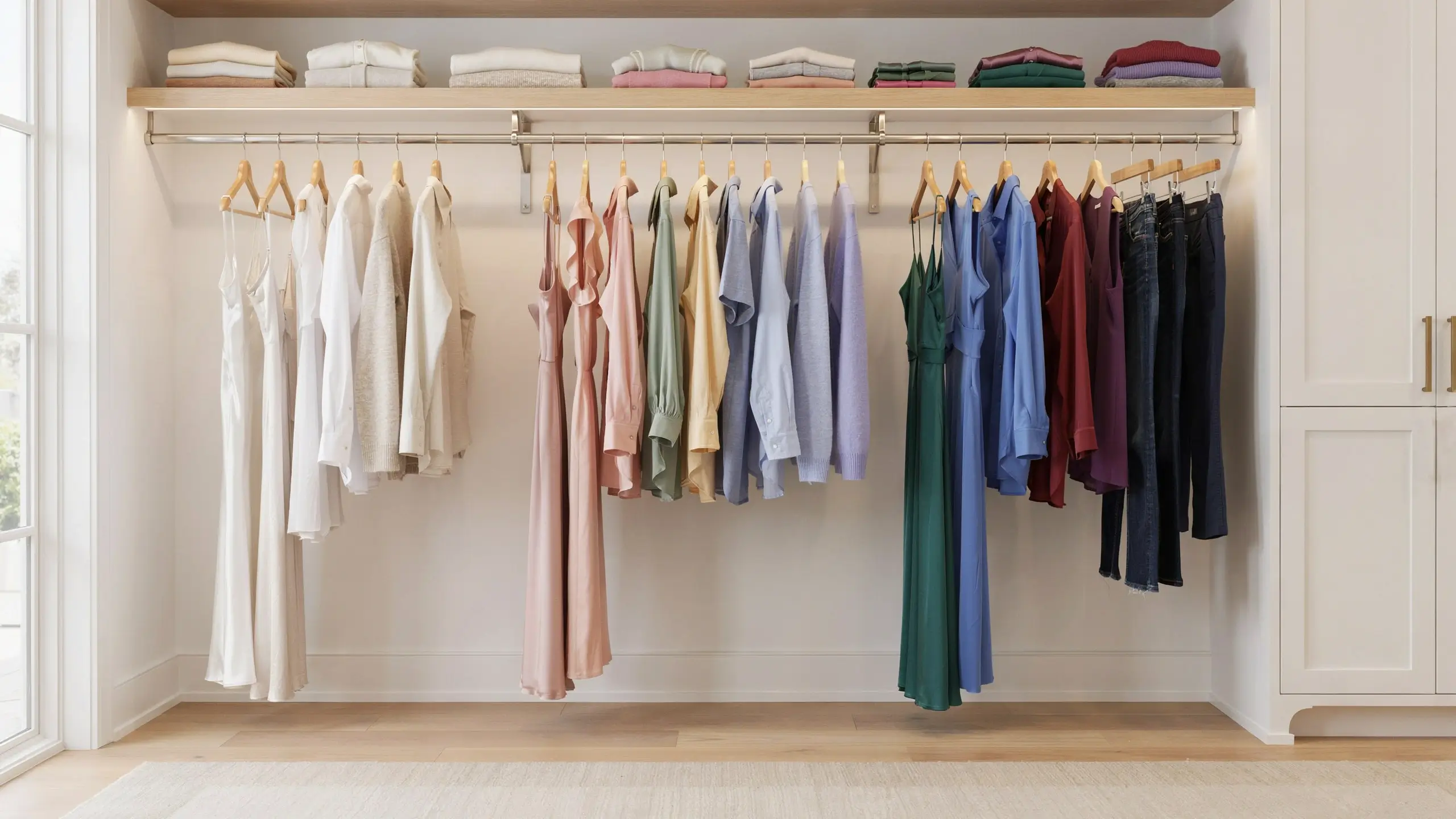 A bright, minimalist walk-in closet displaying a capsule wardrobe organized by category and color, featuring white dresses, pastel blouses, blue button-downs, and dark denim jeans on wooden hangers, paired with color-coordinated folded stacks on the upper shelf.