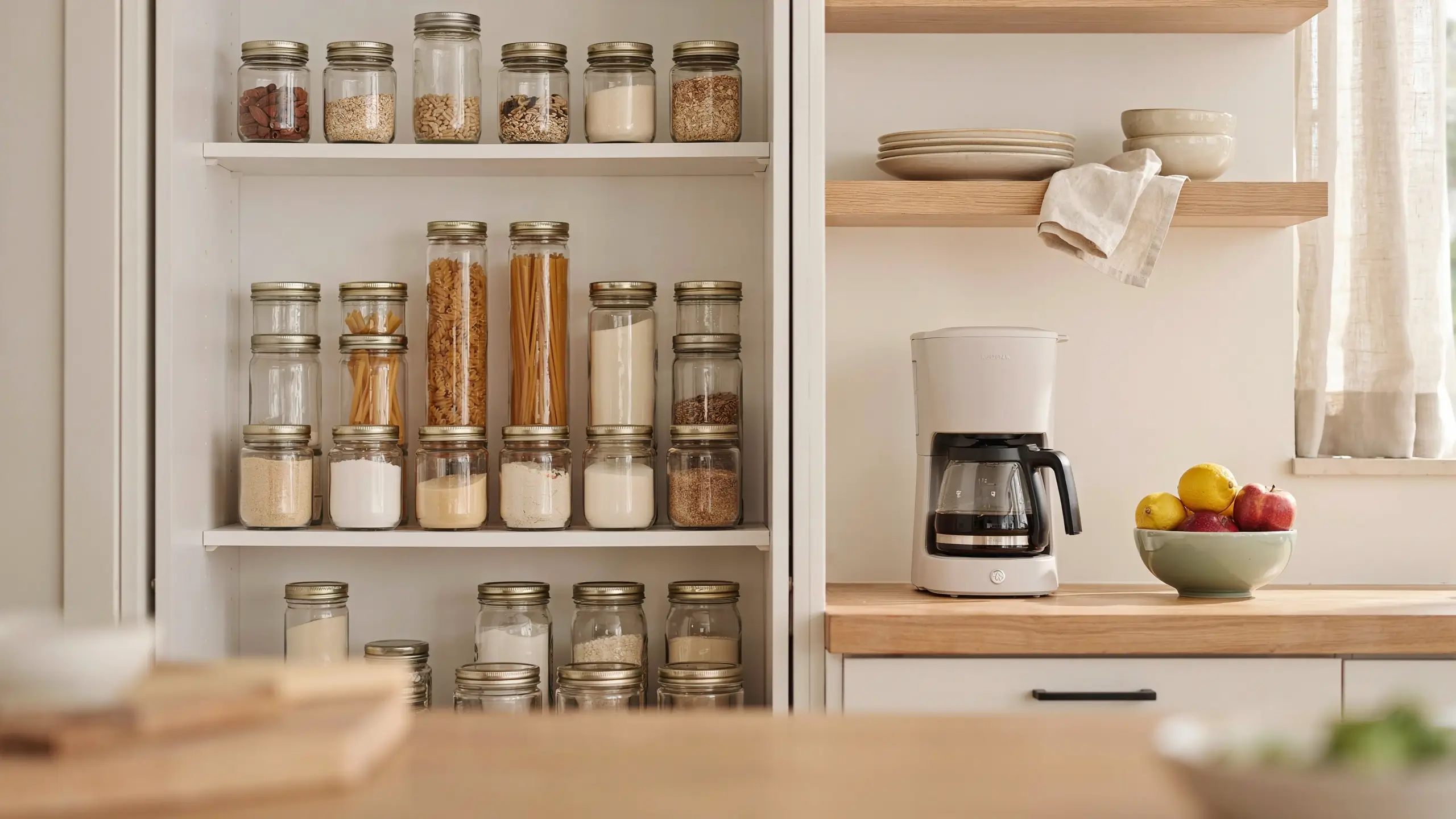 White coffee maker on wooden countertop with an organized pantry wall featuring clear glass jars filled with pasta, flour, oats, and almonds on wooden shelves.