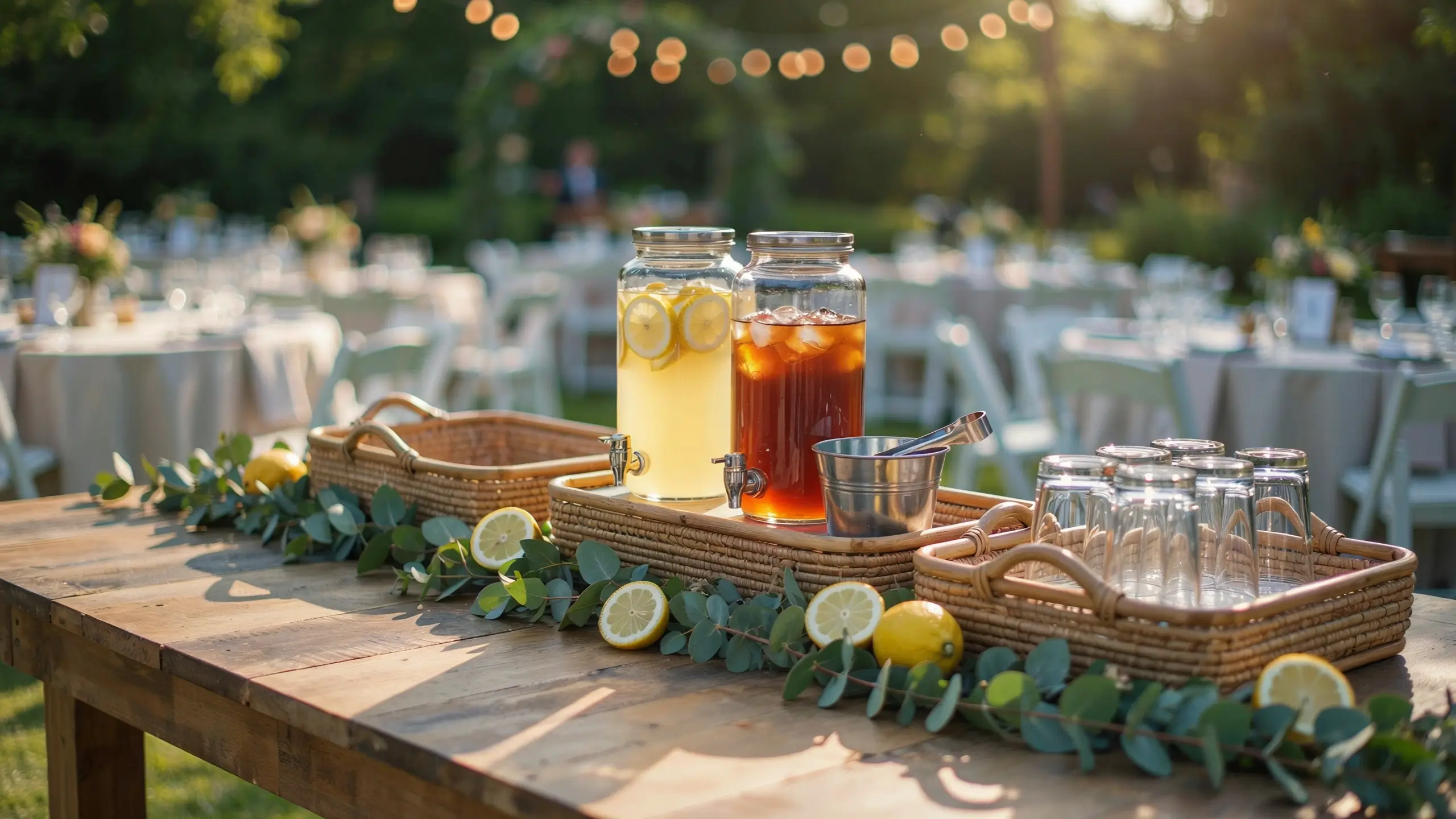 A rustic outdoor wedding beverage station featuring glass lemonade and iced tea dispensers resting on IKEA RIMFORSA-style woven wicker trays, accompanied by a stainless steel ice bucket, mason jar glasses, fresh lemon slices, and eucalyptus greenery on a wooden table.