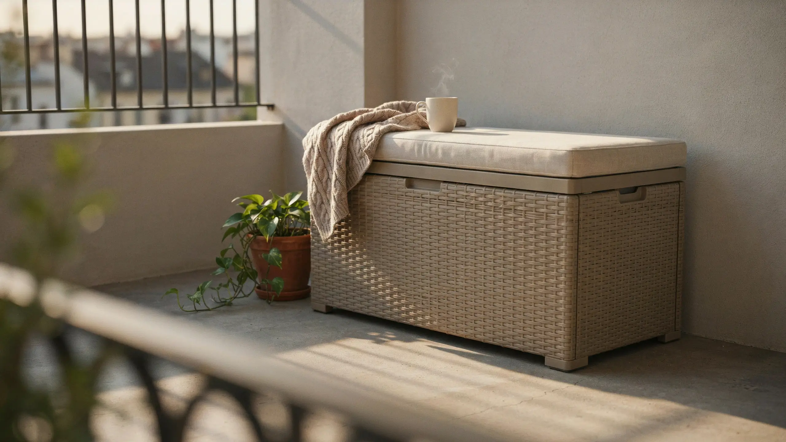 Woven outdoor storage deck box doubling as bench seating, featuring a beige cushion, steaming mug, draped cable-knit blanket, and potted plant on a sunny balcony.
