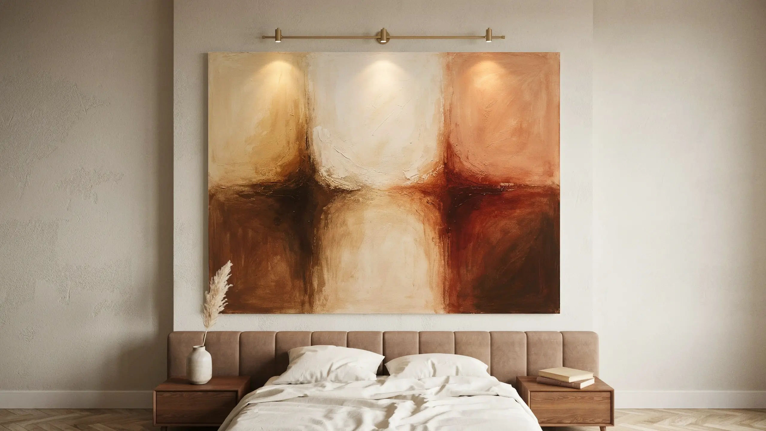 A large-scale abstract painting in earthy brown, cream, and burnt orange hues acts as an anchoring focal point above a beige tufted headboard and white linen bedding, highlighted by a brass picture light within a warm minimalist bedroom.