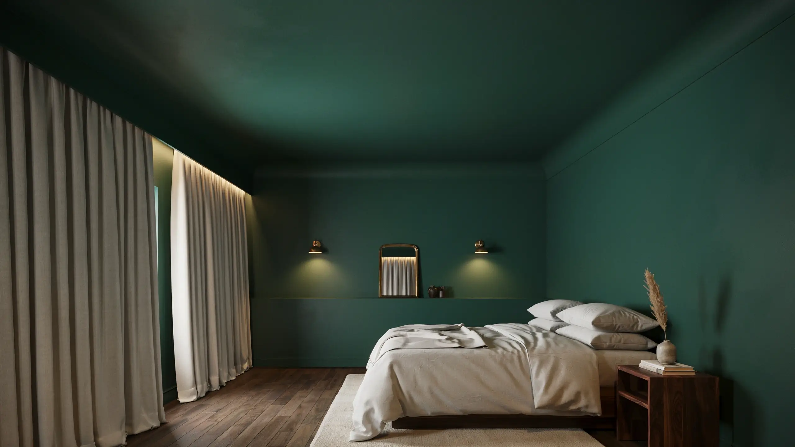 Modern bedroom illustrating the paint-the-ceiling trick with same dark green walls and ceiling, white bed linens, and ambient wall sconces.