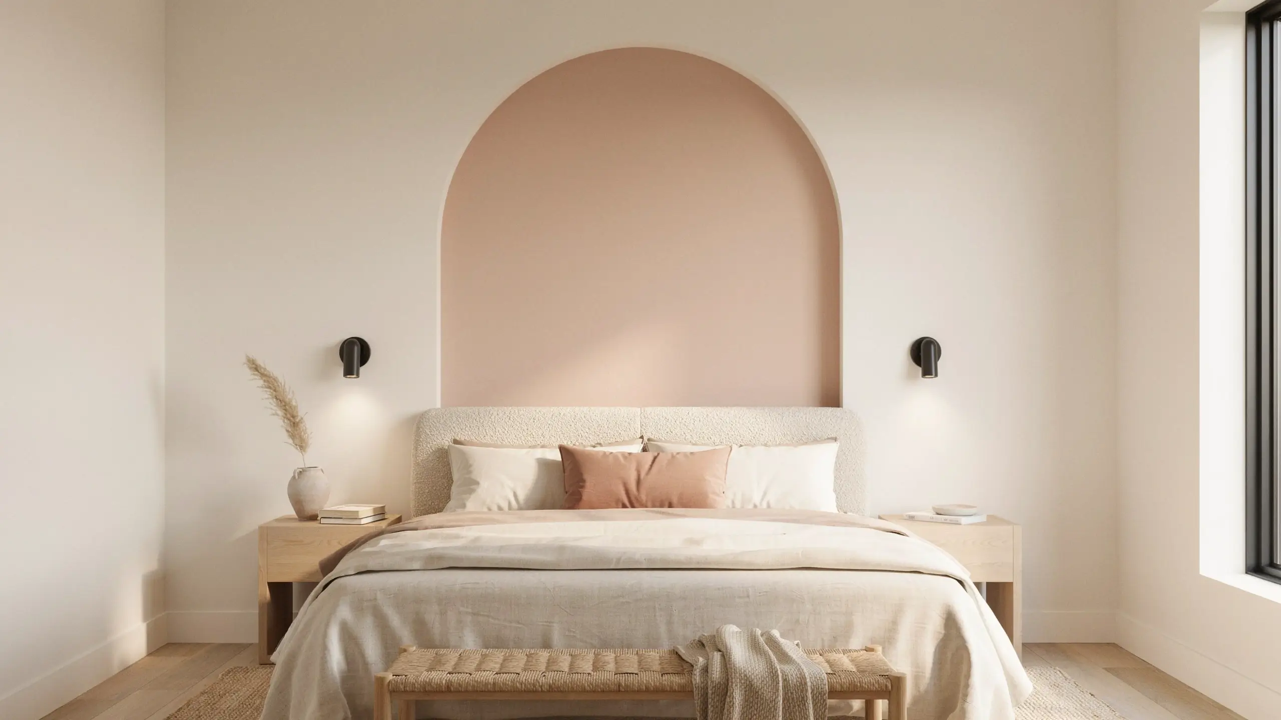 A minimalist, warm neutral bedroom featuring a large dusty pink painted arch accent wall behind a white textured boucle headboard, styled with matching floating wooden nightstands, black swivel wall sconces, a woven rattan bench, and a pampas grass vase filled with natural light.
