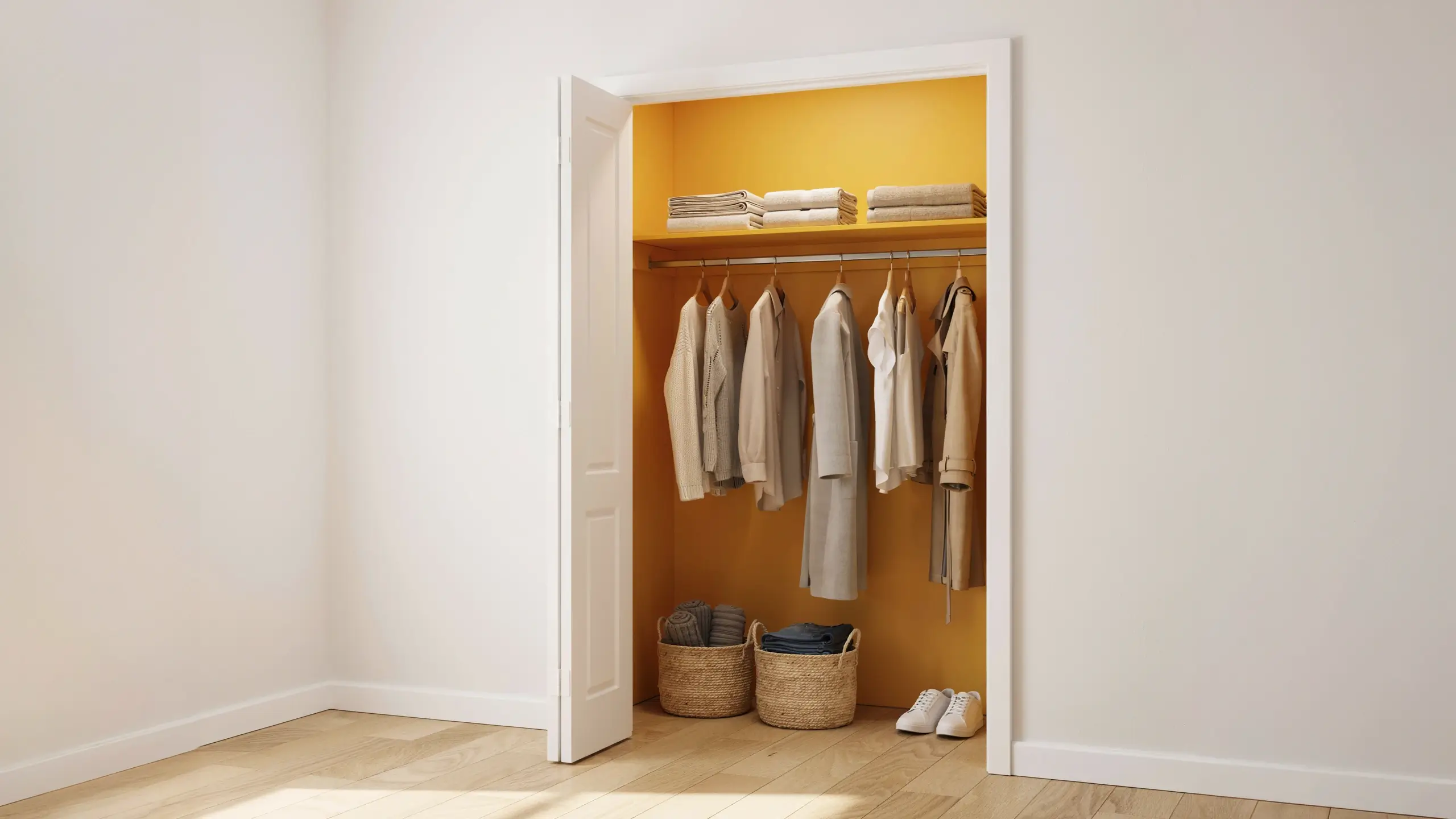 Minimalist closet with a DIY painted mustard-yellow interior, an open white door, hanging neutral beige clothing, folded linens on the top shelf, and woven wicker storage baskets on a light wood floor.