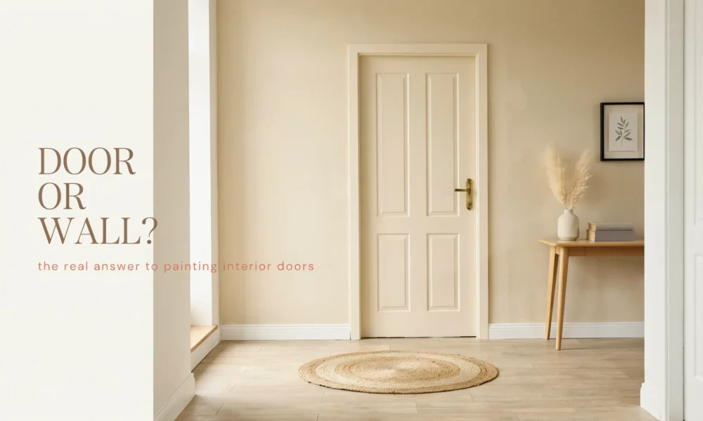 raphic design posing the question of whether to paint an interior door or the wall, featuring a modern white door and wall section.