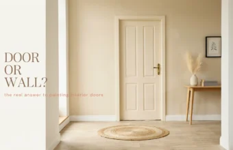 raphic design posing the question of whether to paint an interior door or the wall, featuring a modern white door and wall section.