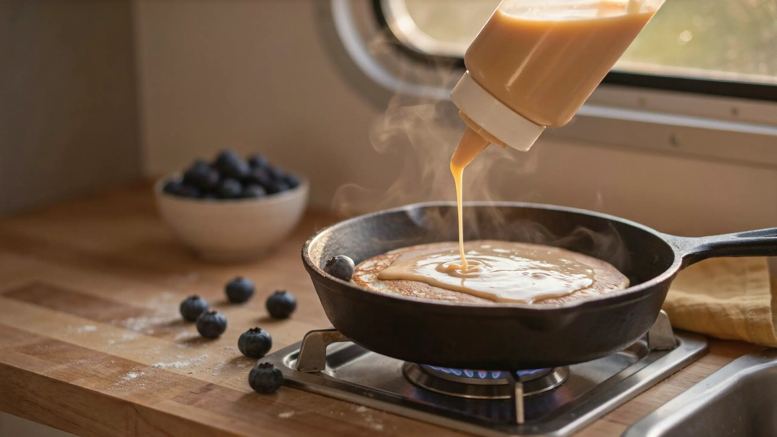 Fresh pancake batter being poured from a squeeze bottle into a hot cast iron skillet, with steam rising and fresh blueberries scattered on a wooden kitchen counter.