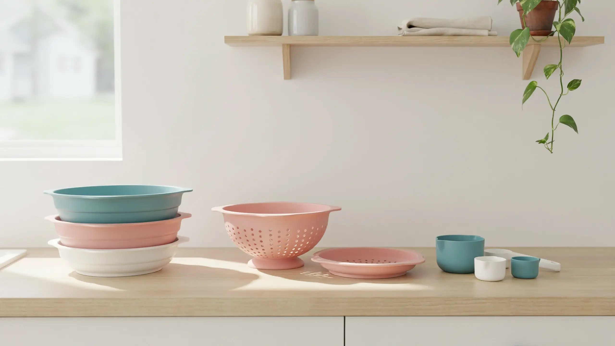 Pastel blue and pink collapsible silicone bowls and colander on a wooden kitchen counter near a window.