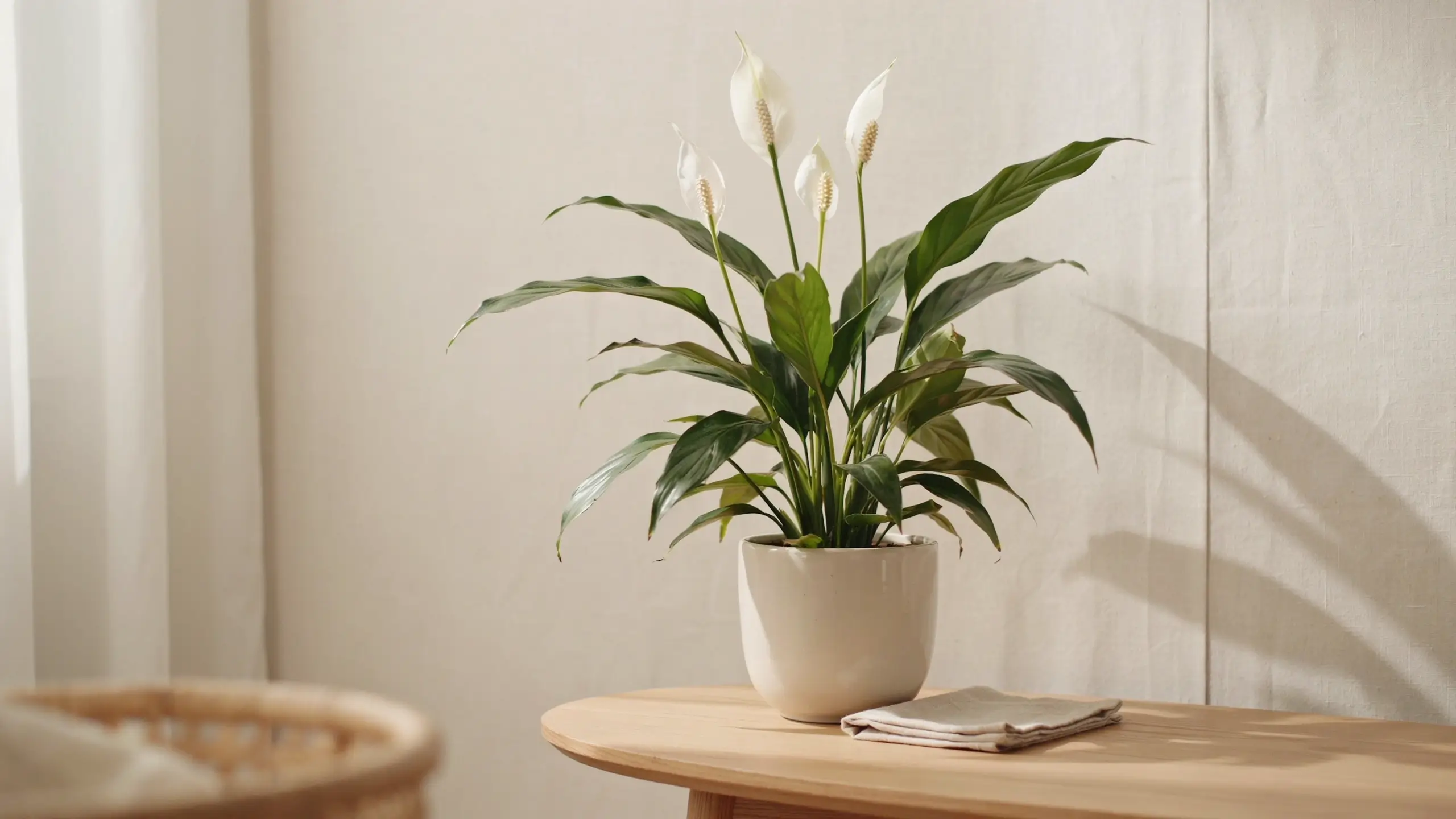 Peace lily (Spathiphyllum) with white blooms and green leaves in a white ceramic pot on a wooden table in bright sunlight