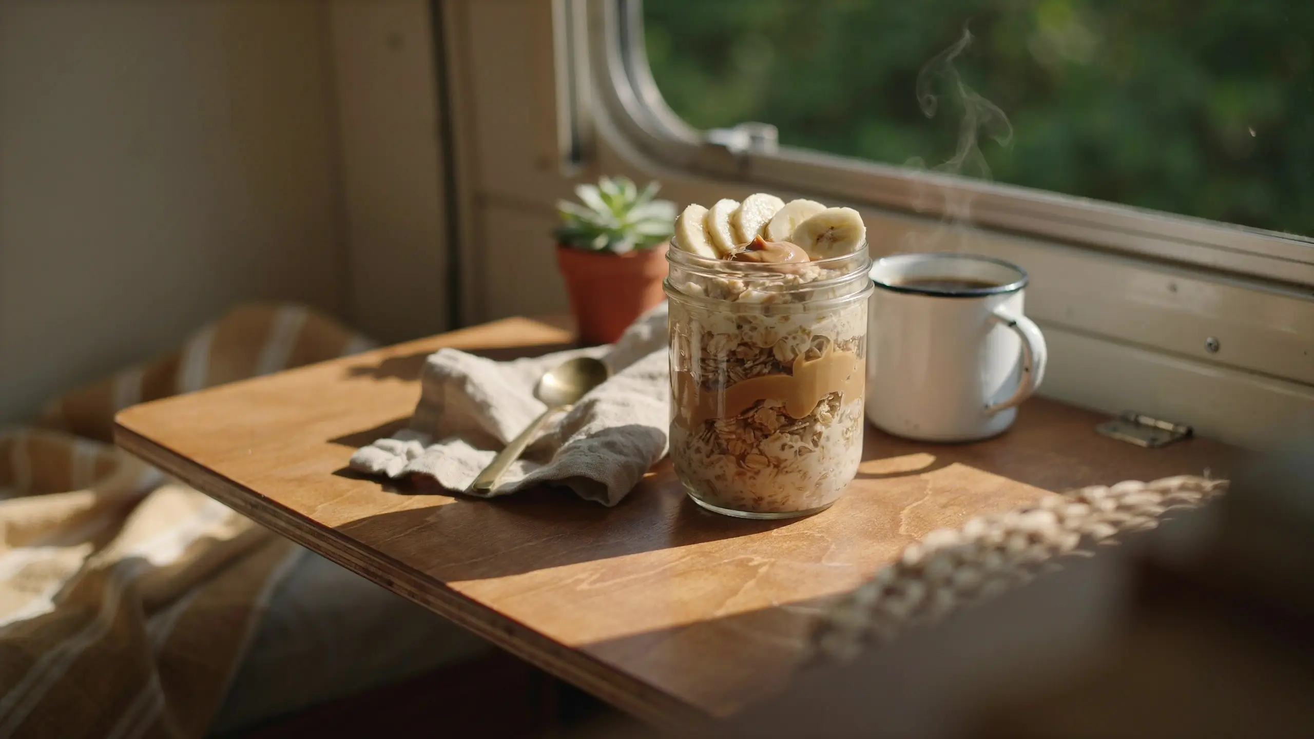 A glass jar filled with layered peanut butter banana overnight oats, topped with fresh banana slices, sitting on a wooden table next to a steaming mug of coffee and a small succulent plant in a cozy camper van setting.