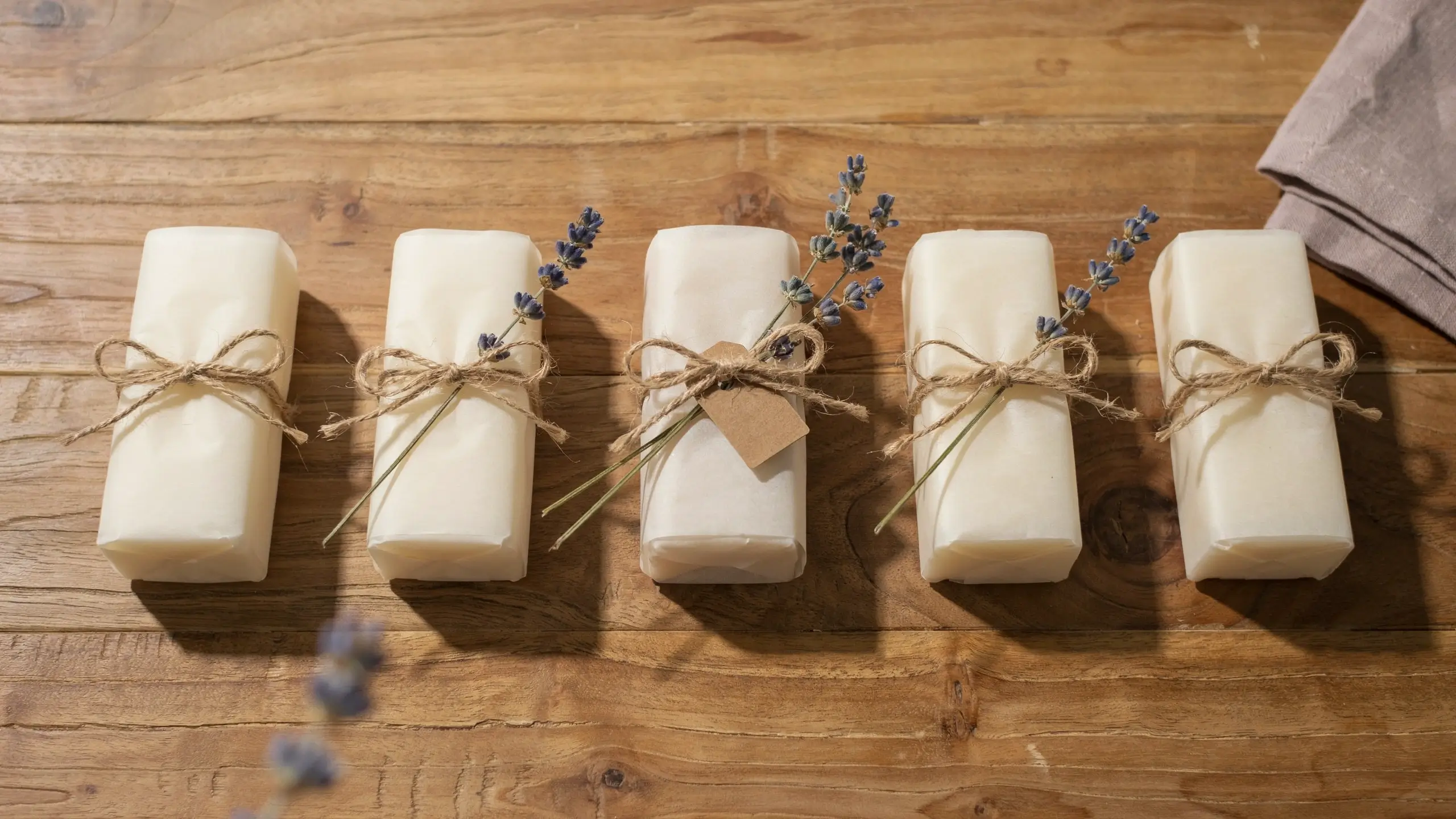 Five handcrafted, personalized HEMSJÖ candles in solid white wax blocks, elegantly packaged with natural brown jute twine and sprigs of dried lavender, featuring a small customizable kraft paper gift tag on the center candle, perfect for handmade artisan gifts.